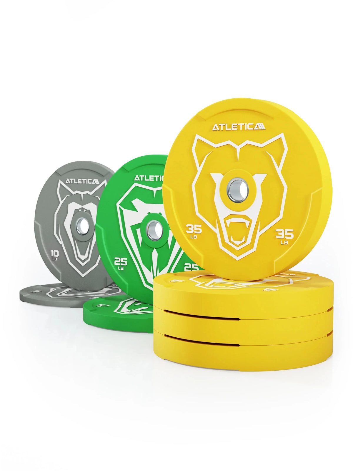 Atletica Animal Bumper Plates SET - yellow, green, gray weight plates, weights 35 lb, 25 lb, 10 lb, stacked