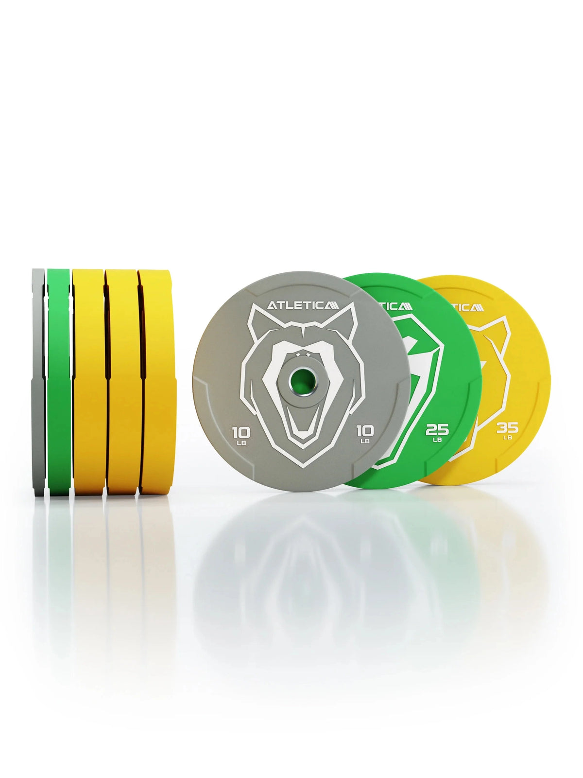 Animal Bumper Plates SET - colorful weight plates, 10 lb gray, 25 lb green, 35 lb yellow