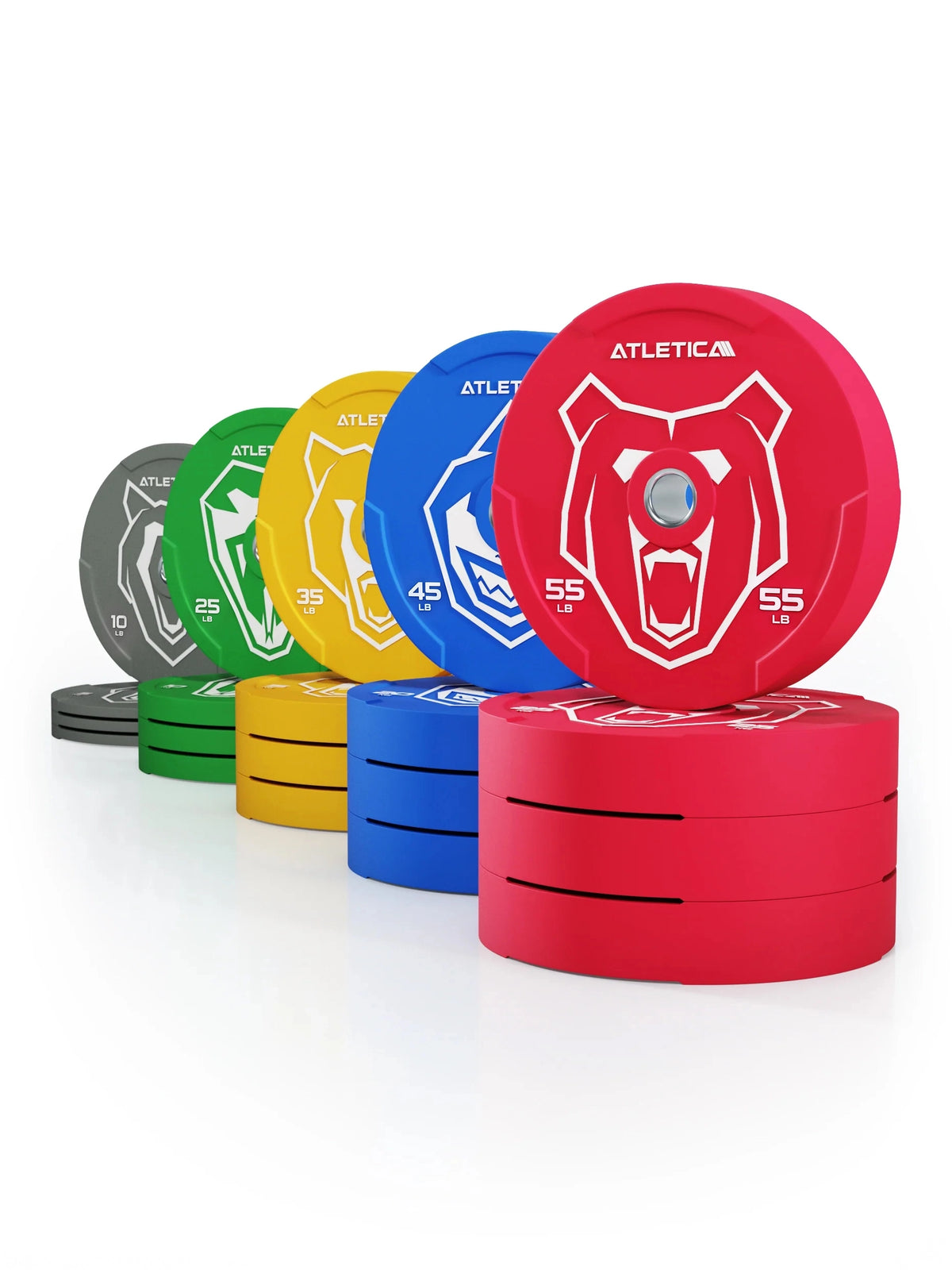 Atletica Animal Bumper Plates SET - colorful Bumper Plates in red, blue, yellow, green, gray, stacked