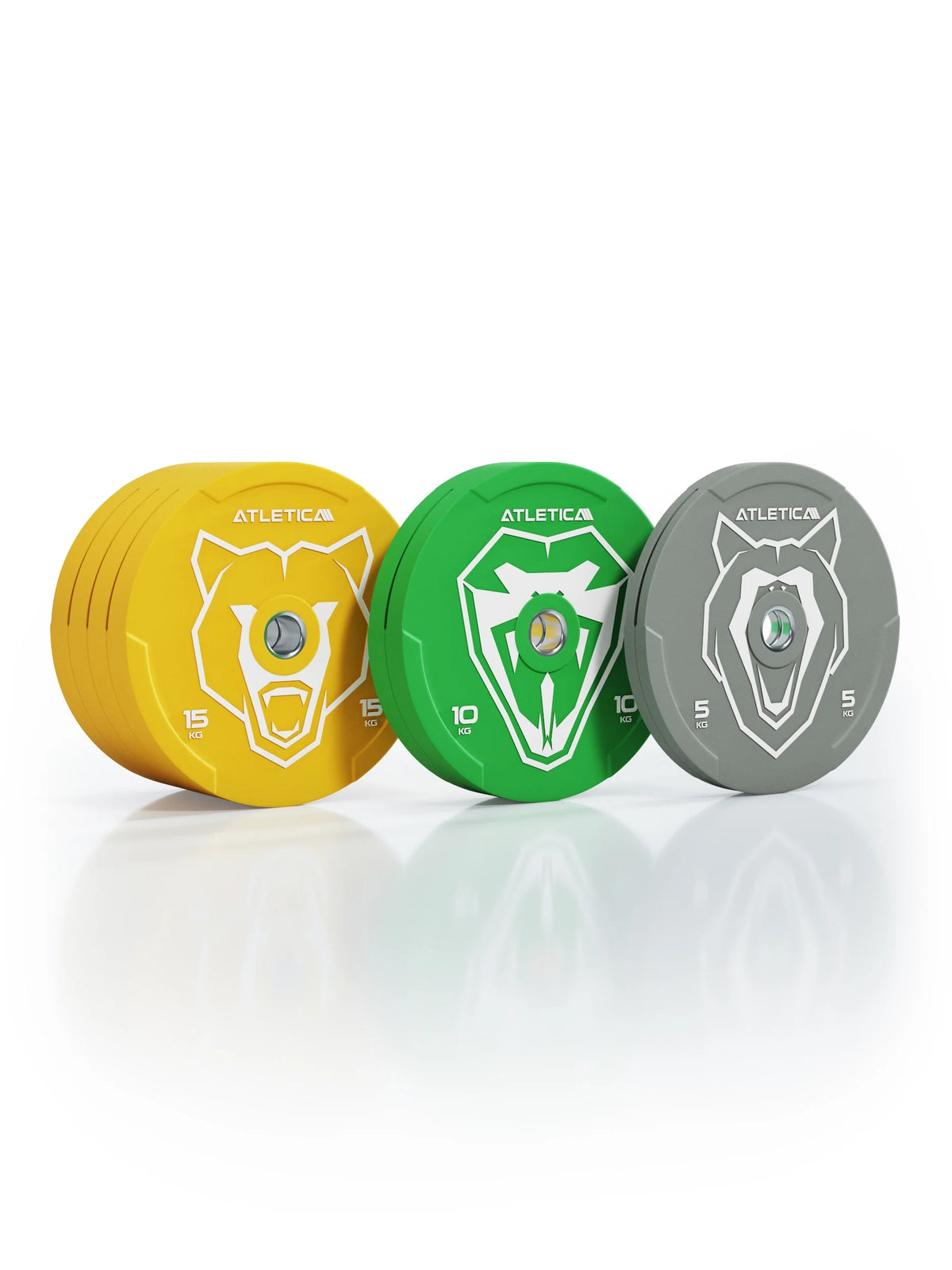 Atletica Animal bumper plates set 198 lb, yellow, green and gray plates, front view