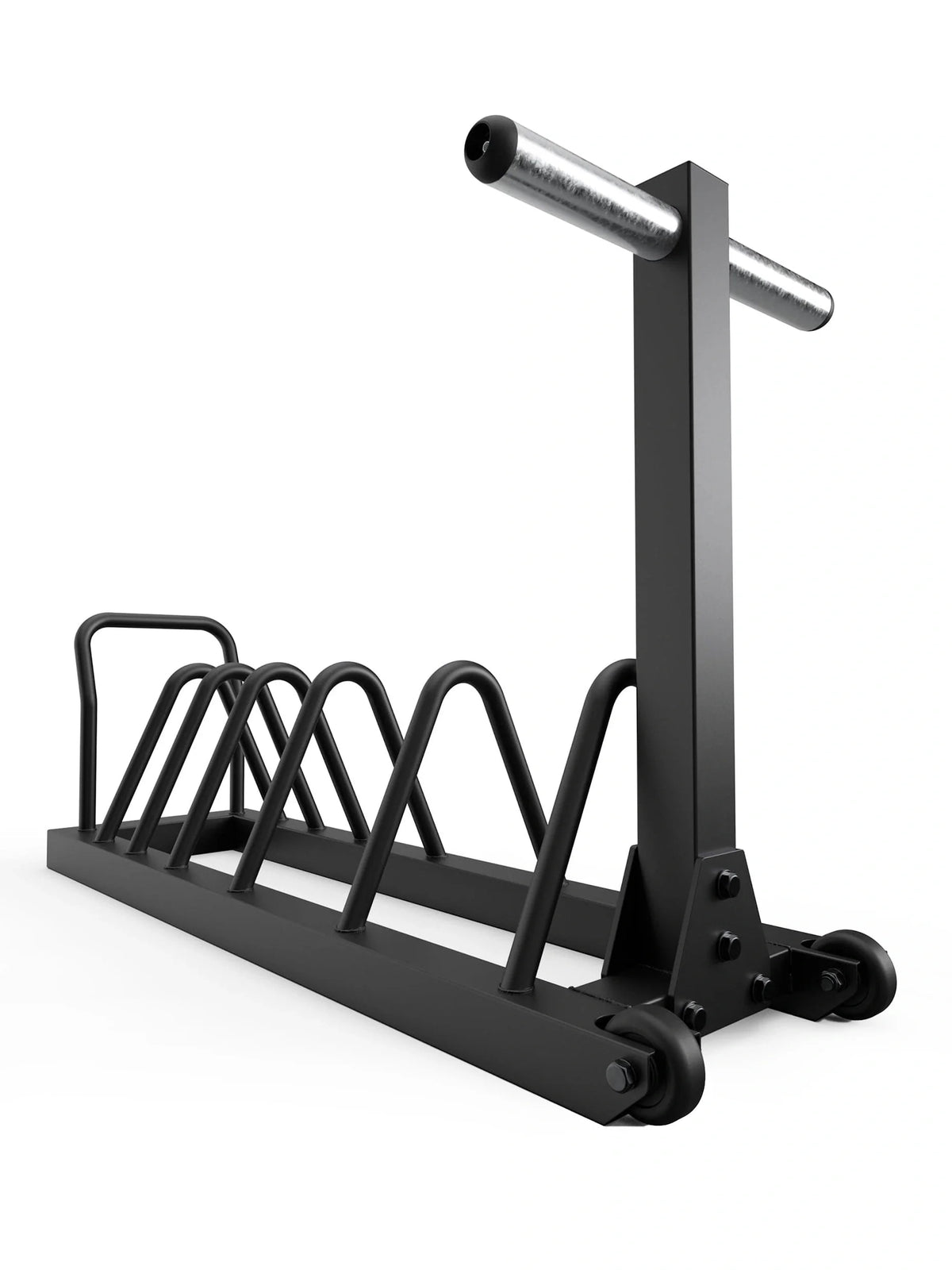 Armored Tusker Set - black weight plate storage with multiple compartments, metal bars, casters