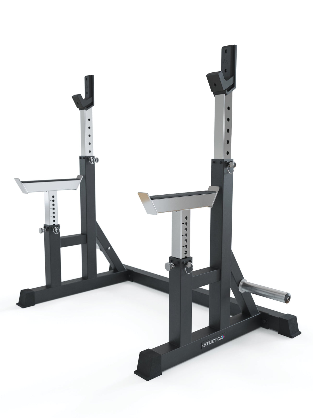 Atletica Dome squat rack with spotter arms and plate storage, black, angled view