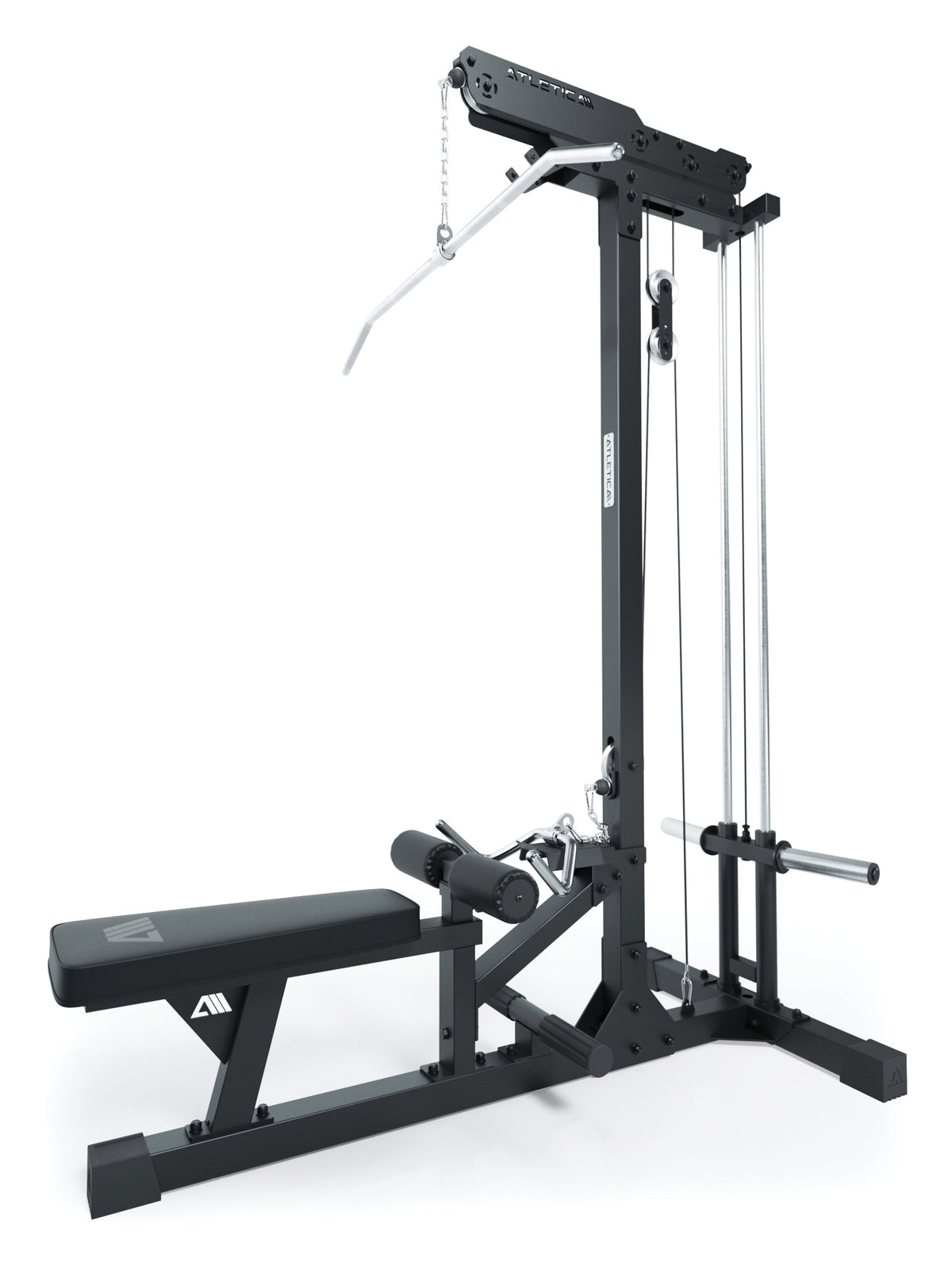 Lat Pulldown with Low Row Plate-Loaded with cable pulley, padded bench and weight plate holder