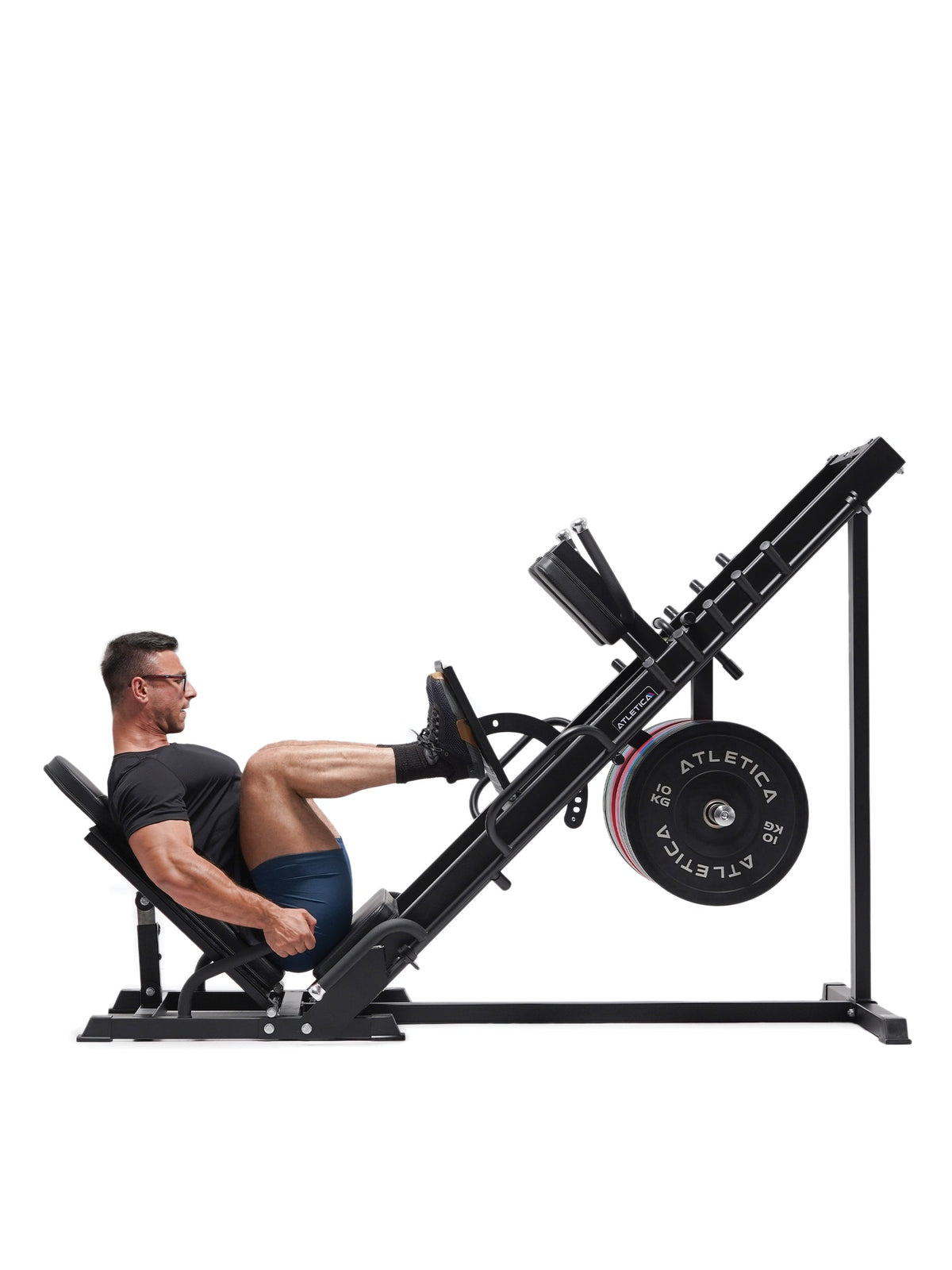Atlas Set - training on the Leg Press with Color Bumper Plates, for muscle building