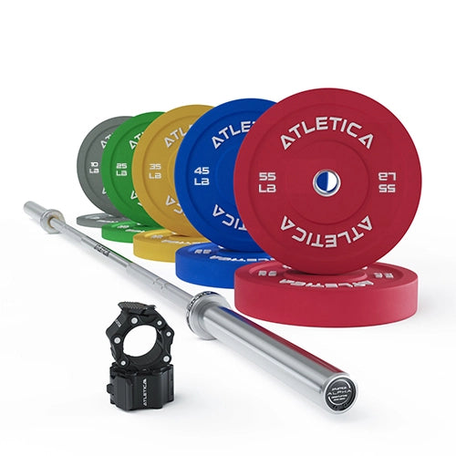 A set of ATLETICA barbell color weight plates in red, blue, yellow, green, and gray, shown with a silver Alpha barbell and a black mounting clamp on a white background.