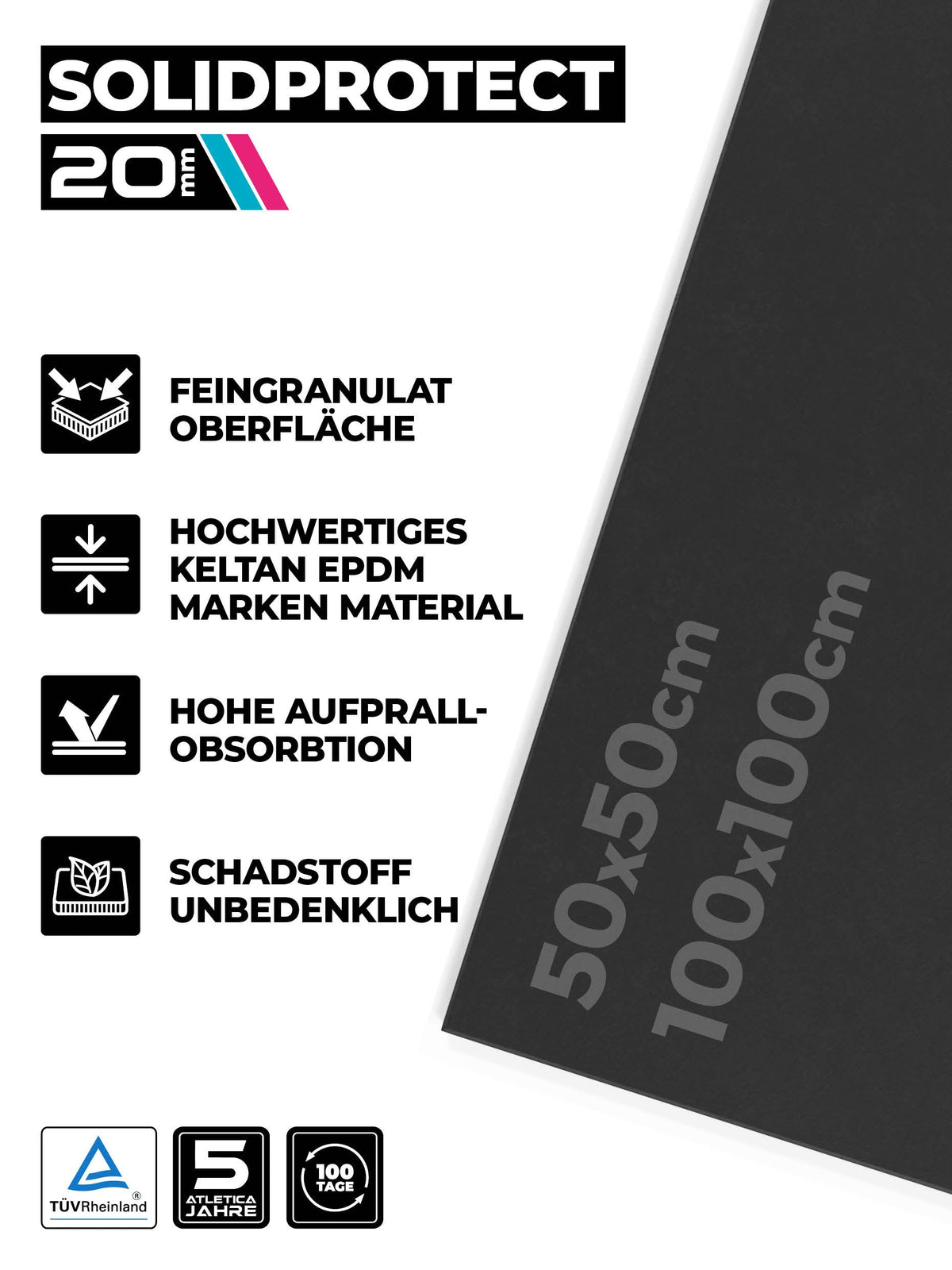 Gym Flooring SolidProtect 108 sq ft: Keltan EPDM Material | 20mm thickness | high self-weight | Fine-Granulate Surface | 0.8mm grain