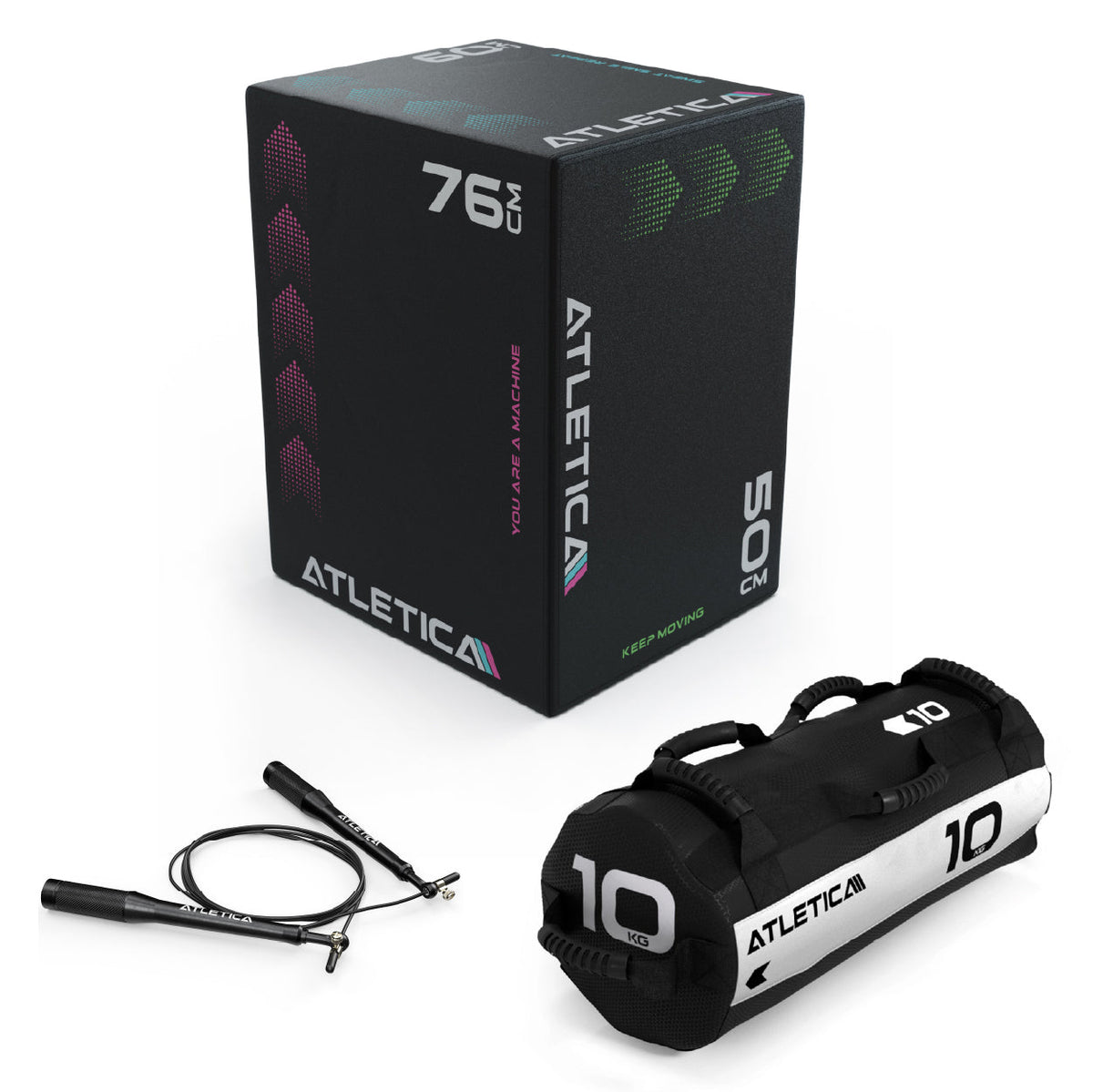 Atletica Cardio Warm-Up Set 1 - Black Plyo Box, Jump Rope, 20 lb Sandbag, for Jump Training and Plyometrics