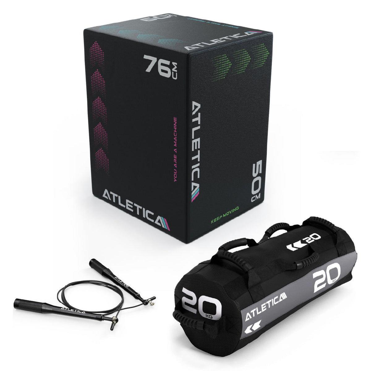 Atletica Cardio Warm-Up Set 2 - Plyo Box, jump rope, sandbag 45 lb, for jump training and plyometrics