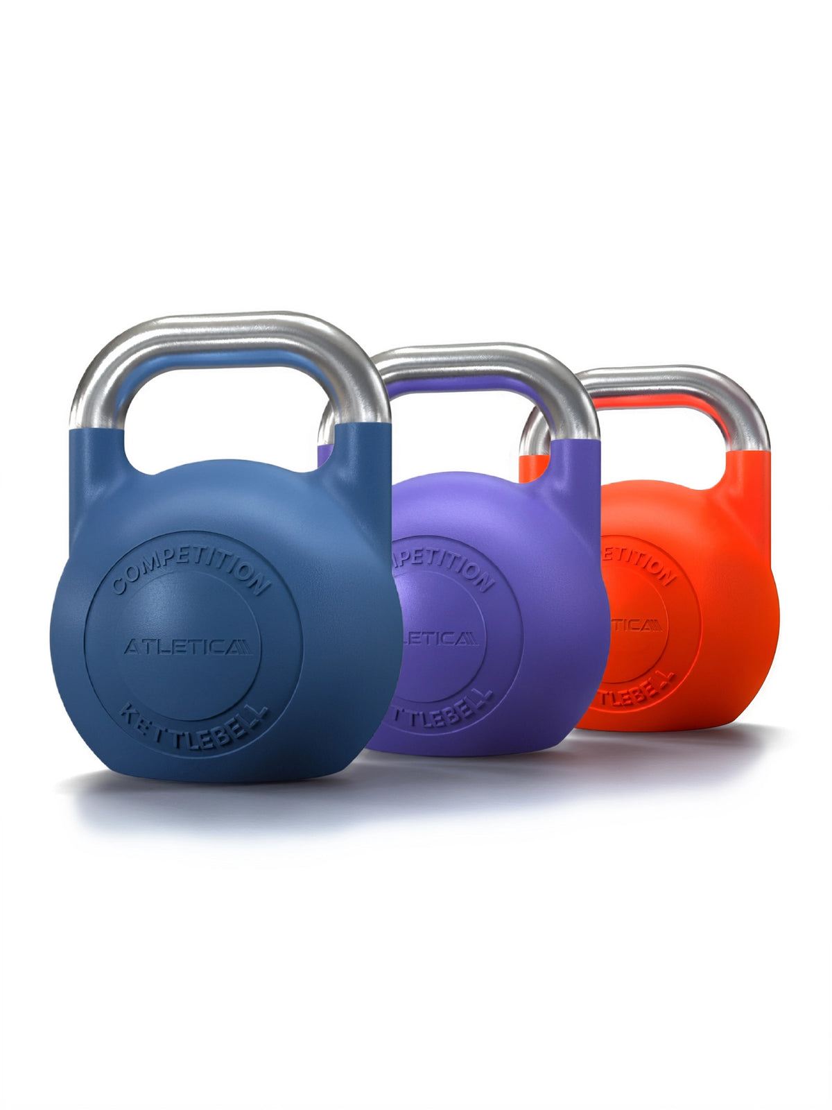 Competition Kettlebell Set - Three Kettlebells in Blue, Purple, Orange, with silver Handle, for Functional Training