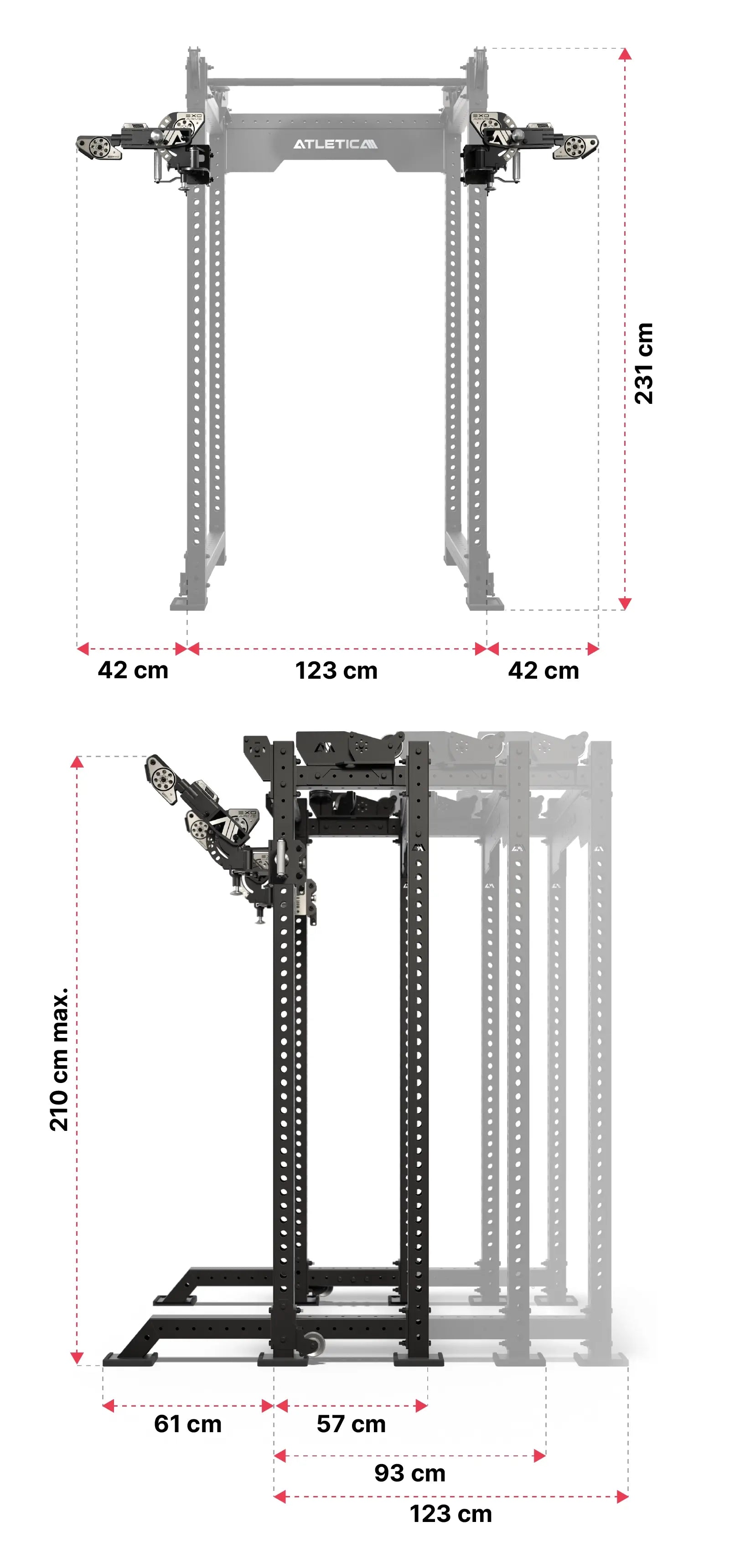 R8 Bradley Power Rack mit EXO Arms - Maßangaben