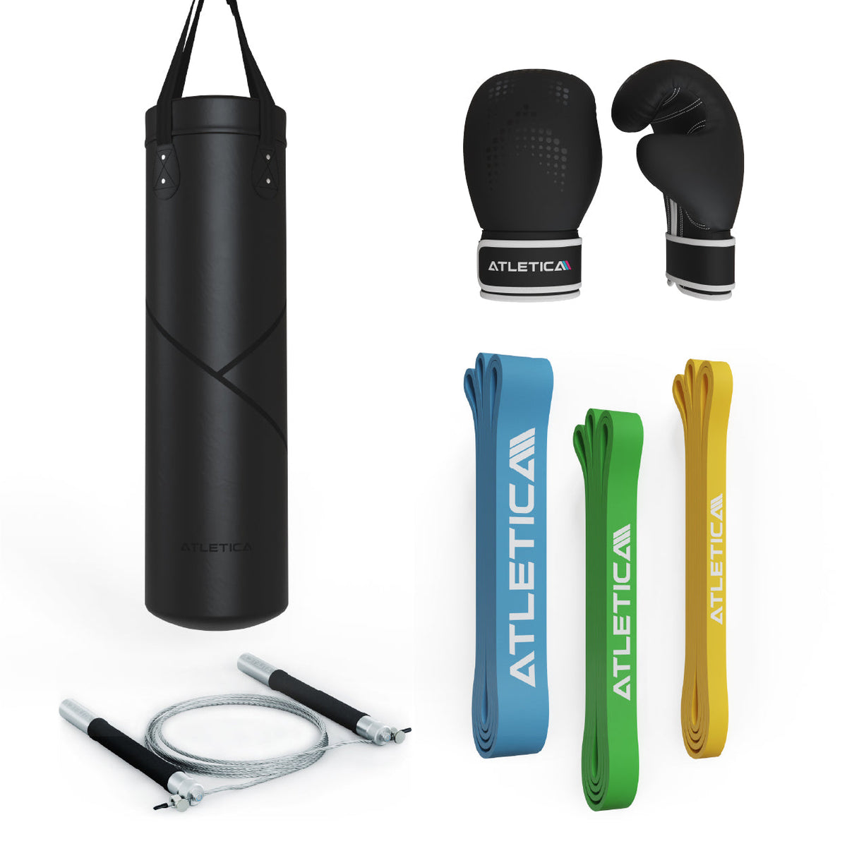 Atletica Fullbody Warm-Up Set - punching bag, boxing gloves, jump rope, resistance bands in blue, green, yellow