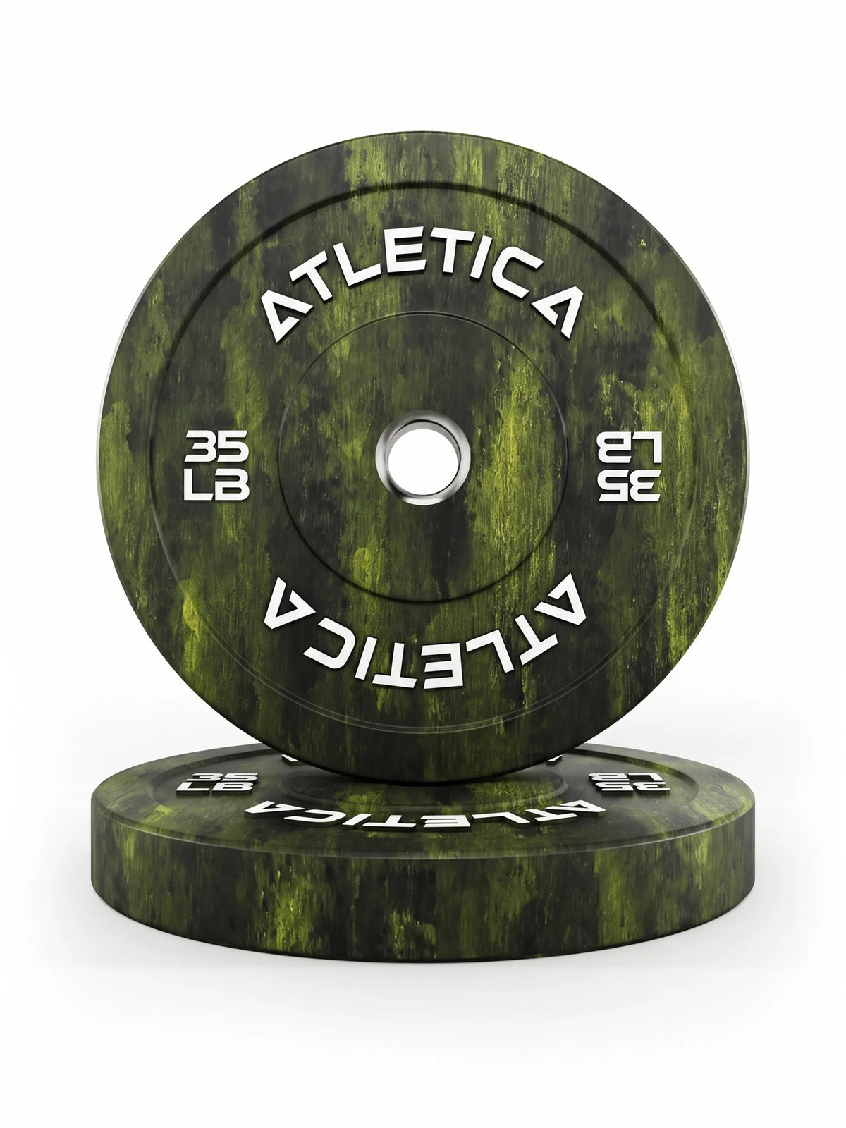Atletica Fusion Bumper Plates weight plates pair 35 lb, stacked on top of each other, in green
