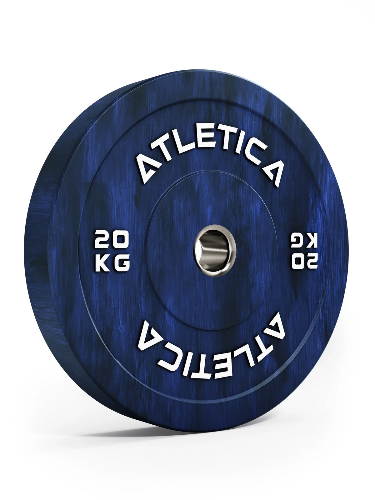 Atletica Fusion bumper plate 44 lb, blue marbled, angled front view