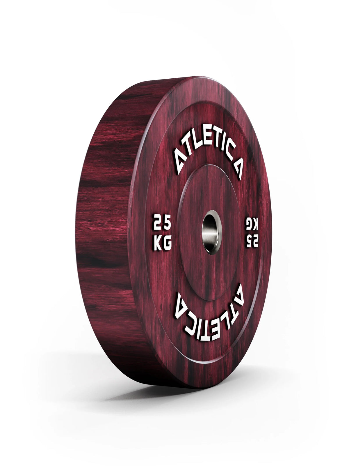 Atletica Fusion bumper plate 55 lb, red marbled, side view