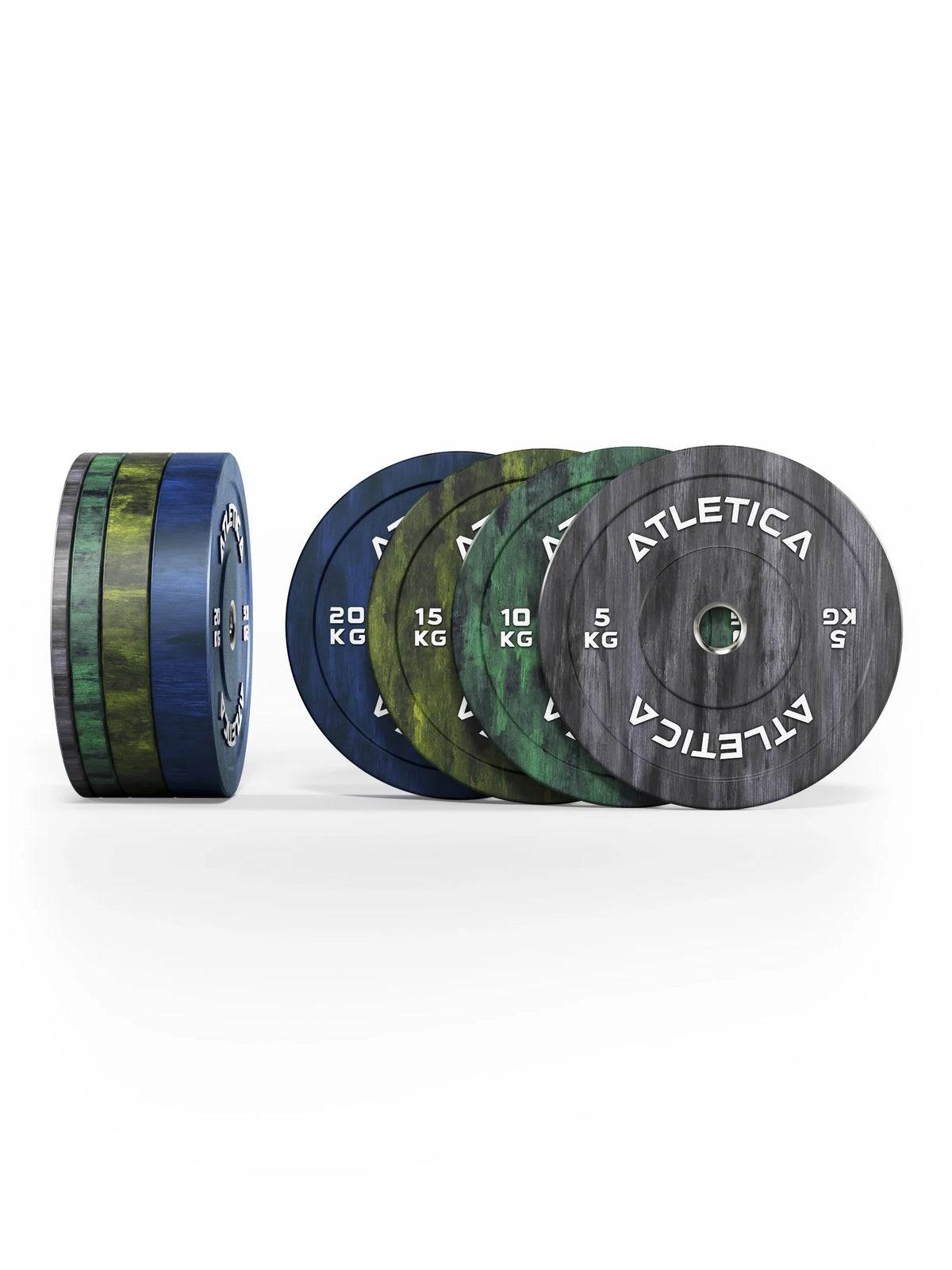 Atletica Fusion bumper plate set 220 lb, plates standing side by side next to an edge view