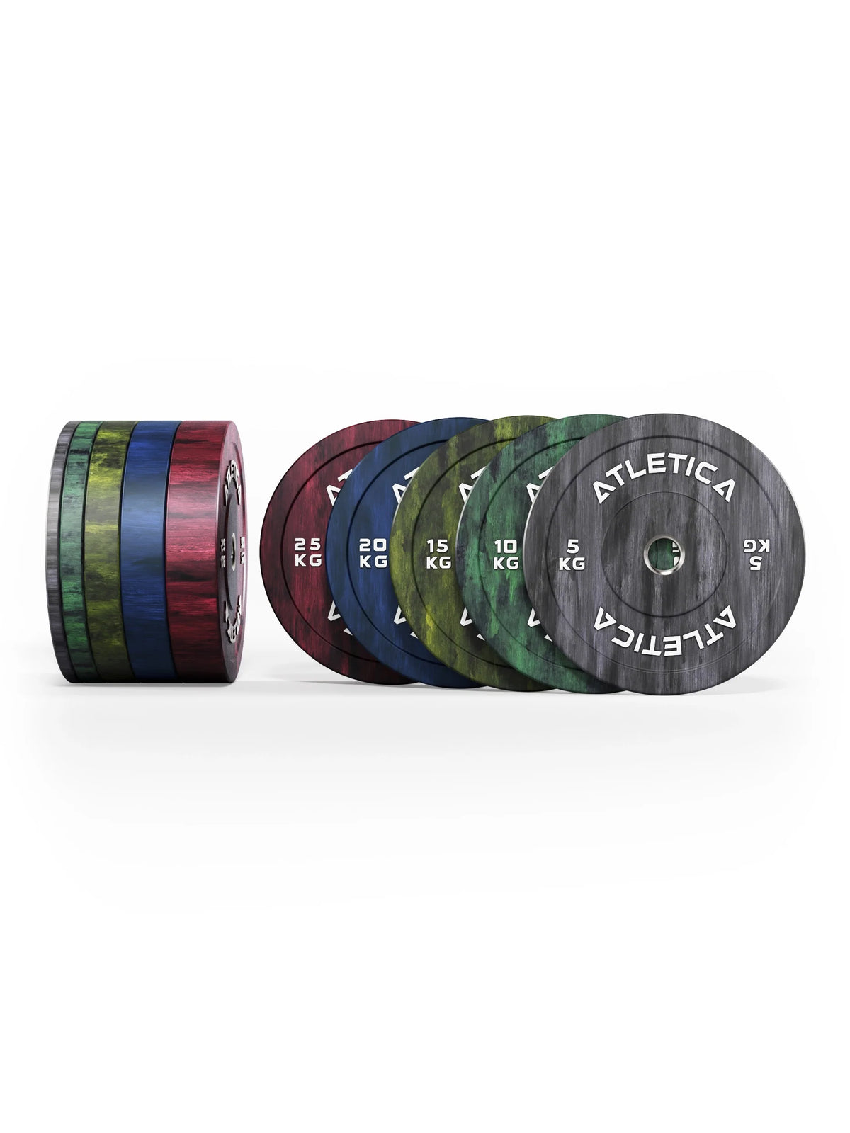 Atletica Fusion bumper plate set 331 lb, plates side by side next to an edge view, front view