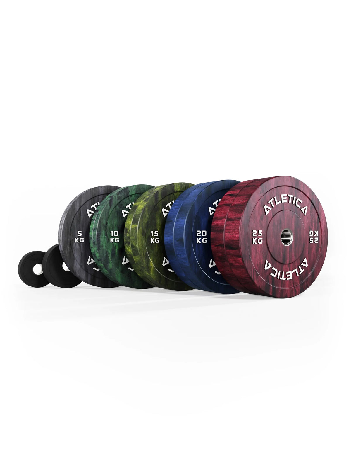 Atletica Fusion bumper plate set 347 lb, plates in a row with black change plates, side view