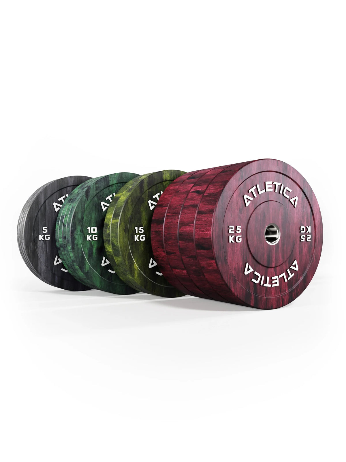 Atletica Fusion bumper plate set 419 lb, plates in a row with red plates in front, side view