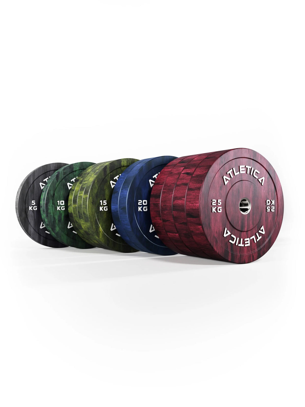 Atletica Fusion bumper plate set 507 lb, plates in a row with red plates in front, side view