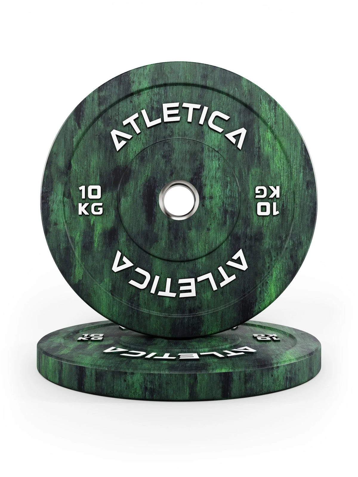 Atletica Fusion bumper plates 22 lb, green marbled, pair stacked, one plate upright