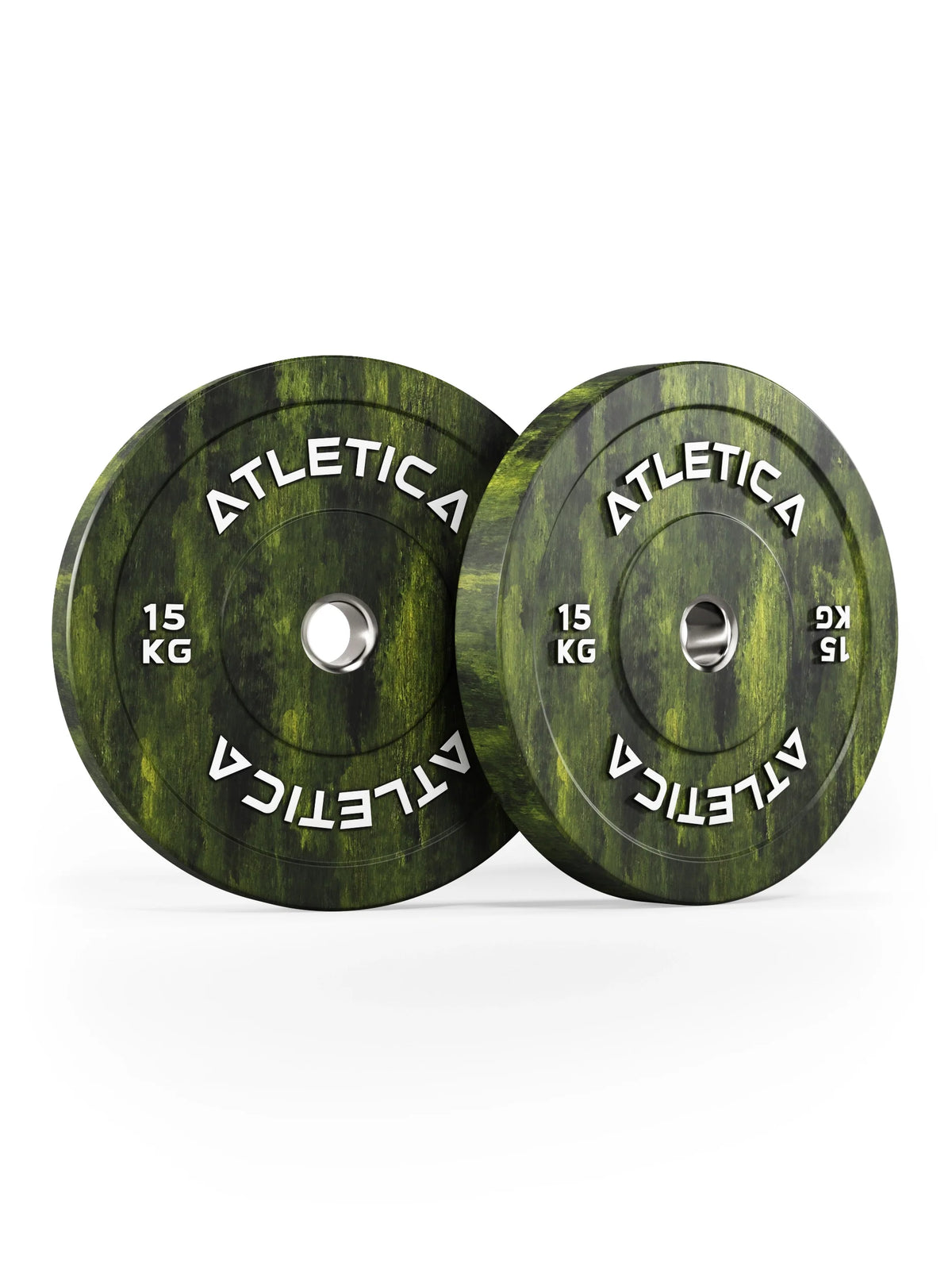 Atletica Fusion bumper plates 33 lb, olive green marbled, pair standing side by side