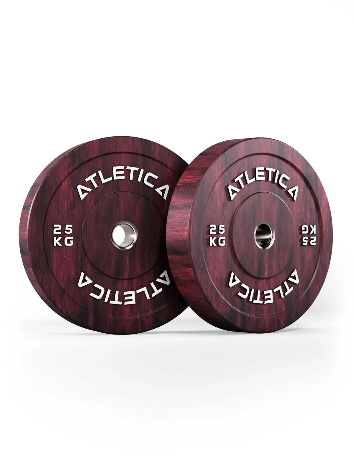 Atletica Fusion bumper plates 55 lb, red marbled, pair standing side by side