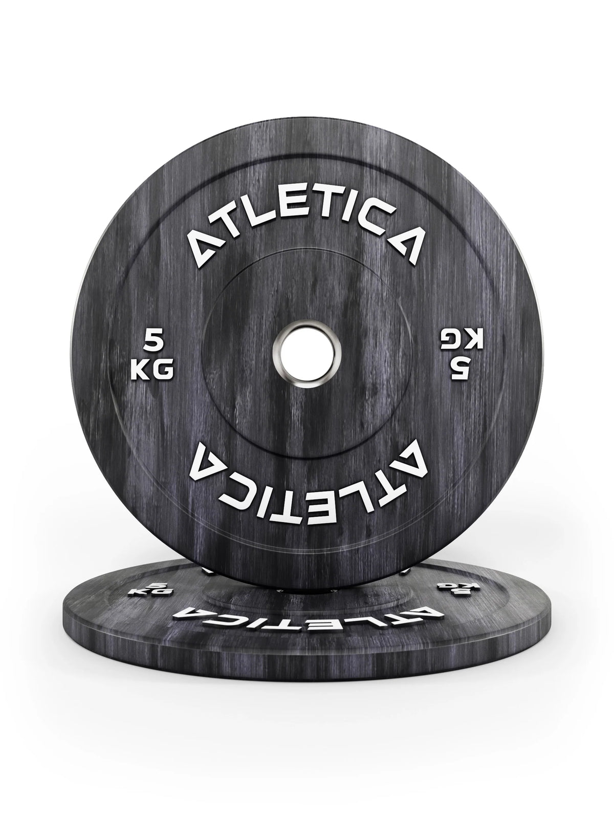 Atletica Fusion bumper plates 11 lb, gray marbled, pair stacked, one plate upright
