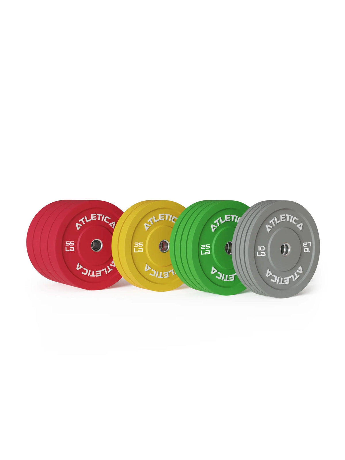 Color Bumper Plates Set with 55 lb, 35 lb, 25 lb and 10 lb in red, yellow, green and gray in stacked side view