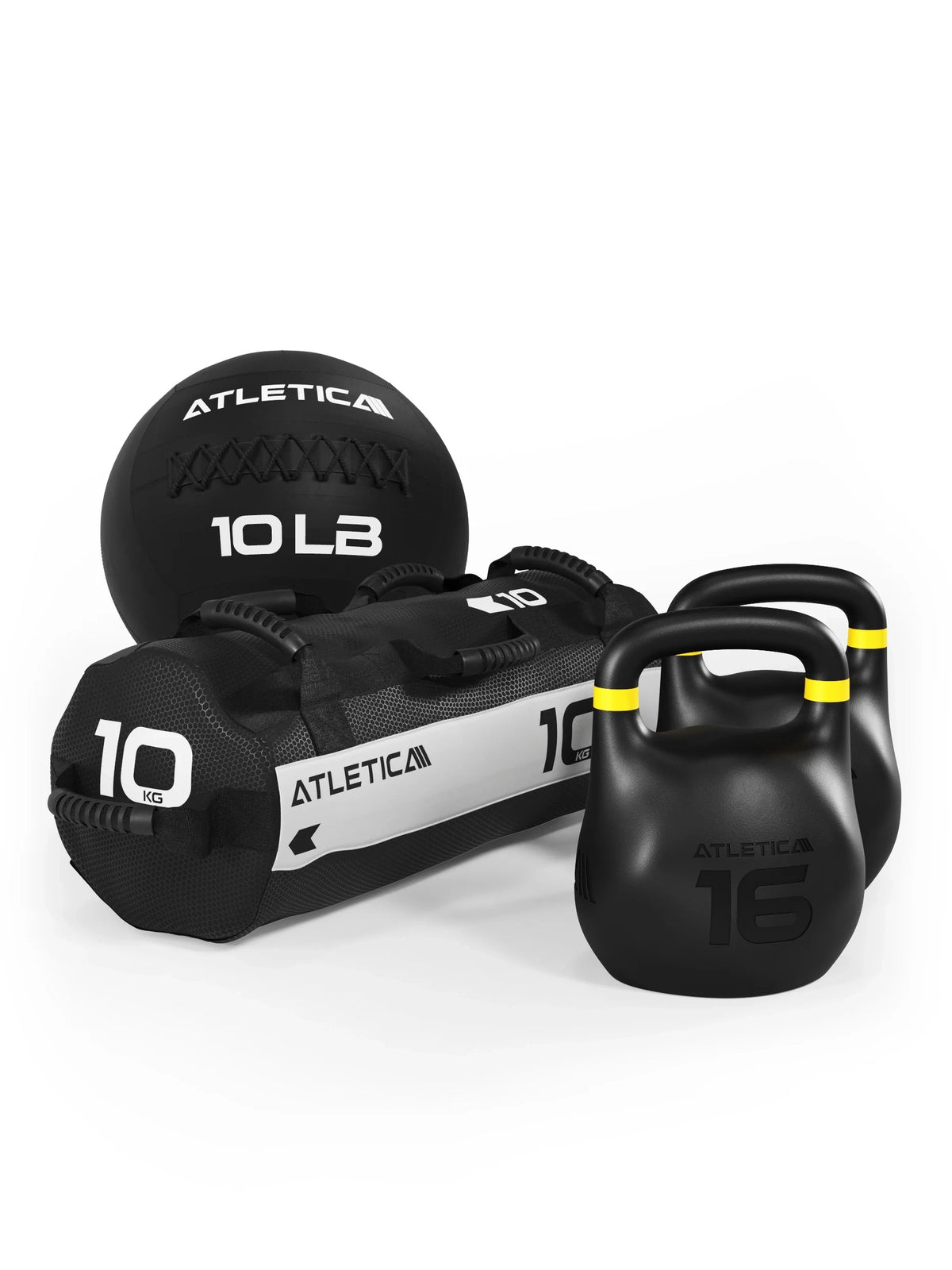 Atletica HRX RACE SET - black medicine ball 10 lb, black sandbag 20 lb, two black kettlebells 35 lb