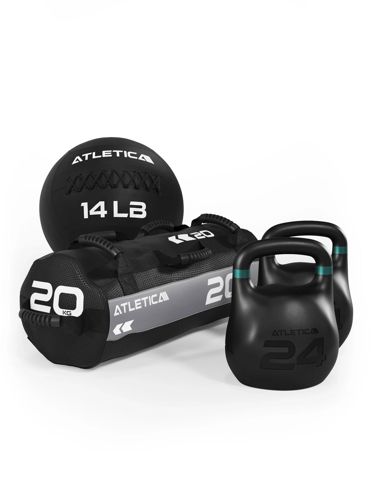 Atletica HRX RACE SET - Black medicine ball 15 lb, weight bag 45 lb, two Kettlebells 53 lb