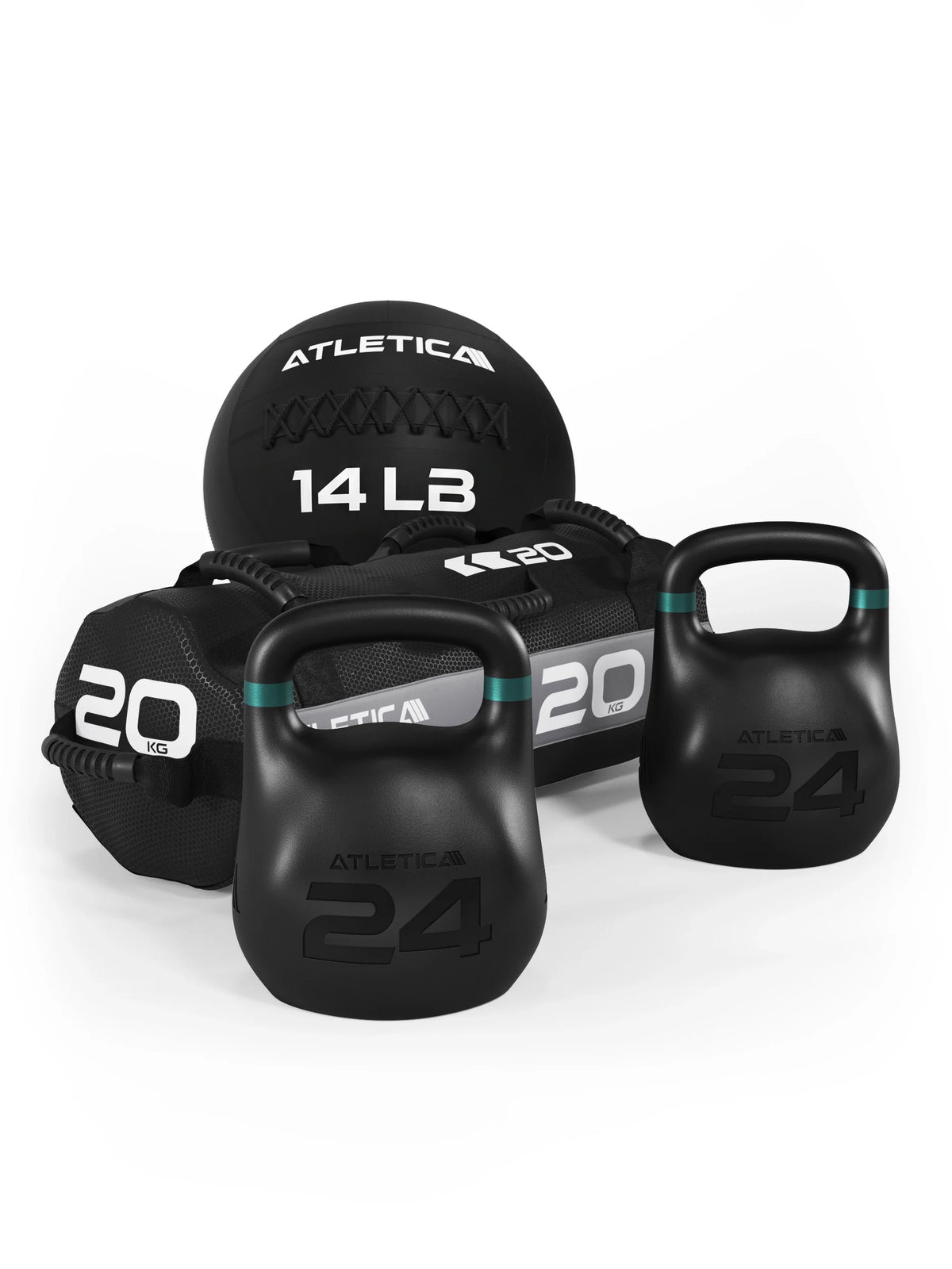 HRX RACE SET - two 53 lb kettlebells, one 15 lb medicine ball, one 45 lb sandbag