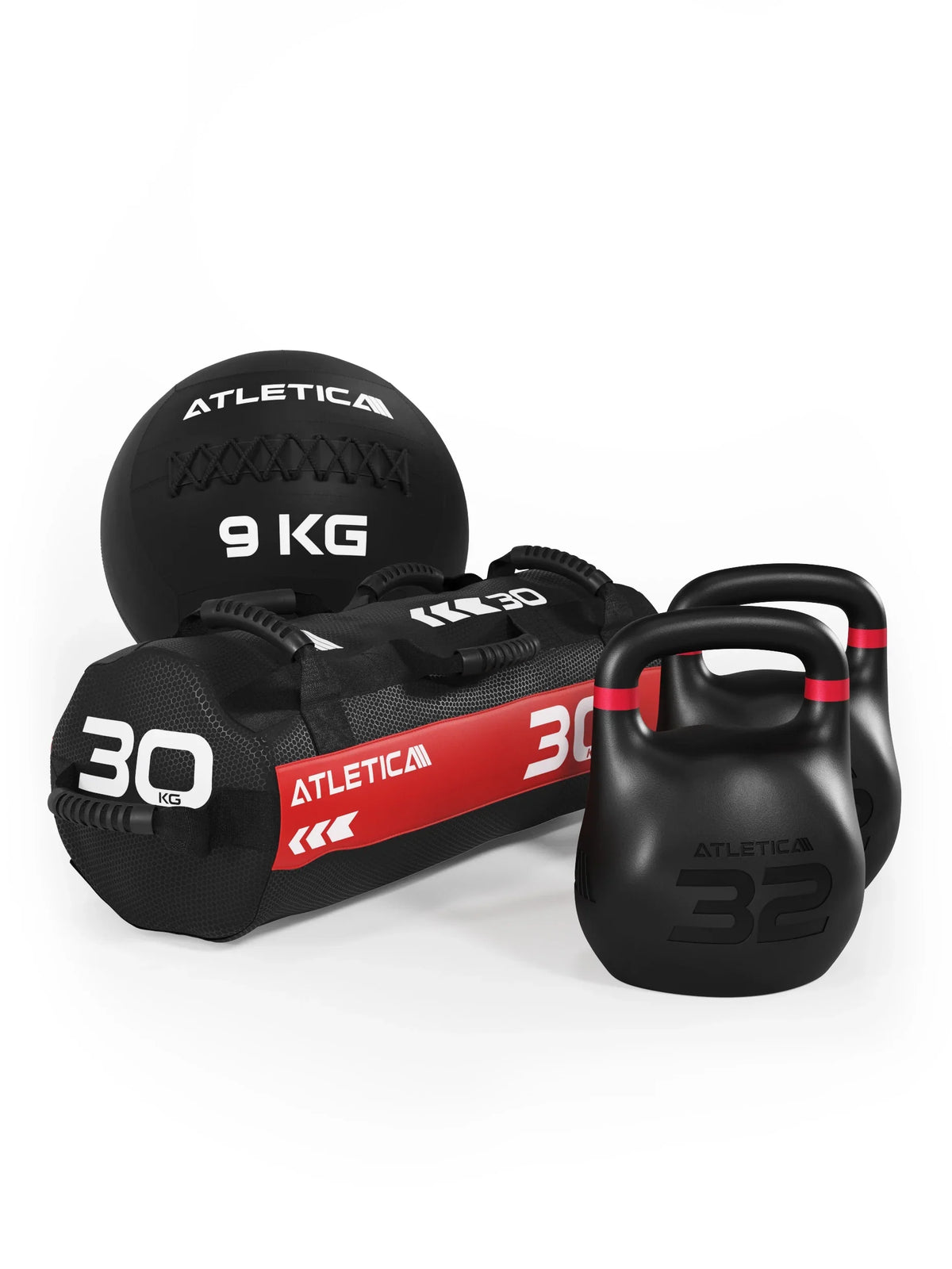 Atletica HRX RACE SET - black medicine ball 20 lb, black sandbag 65 lb, two black kettlebells 70 lb