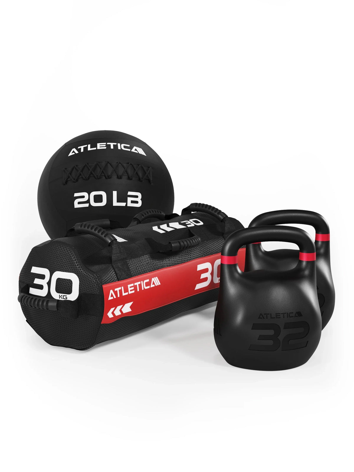 Atletica HRX RACE SET - black medicine ball 20 lb, black sandbag 65 lb, two black kettlebells 70 lb