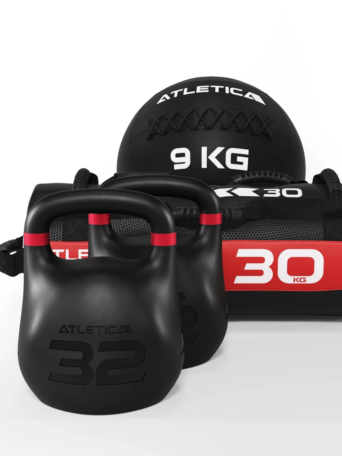 HRX RACE SET - two black kettlebells, medicine ball 20 lb, Sandbag 65 lb