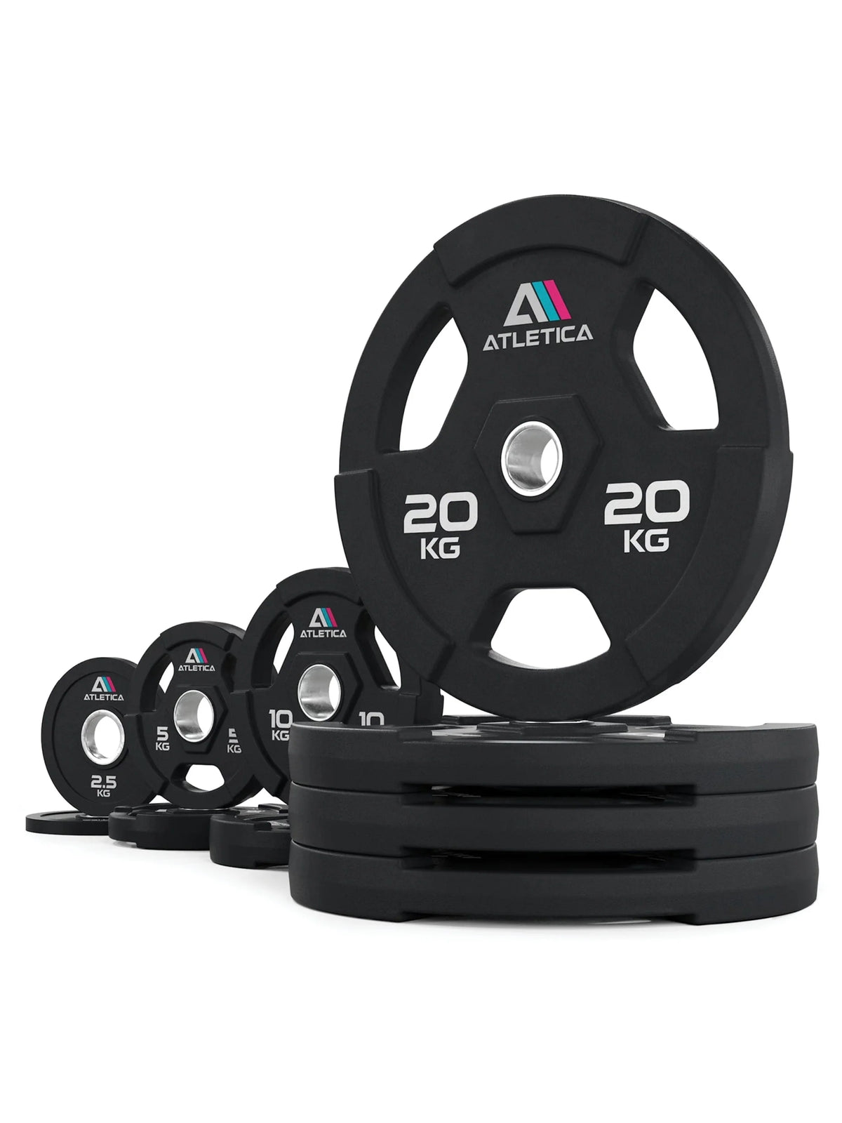 Atletica 3H grip plates set 254 lb, 44 lb plate standing on a stack of plates