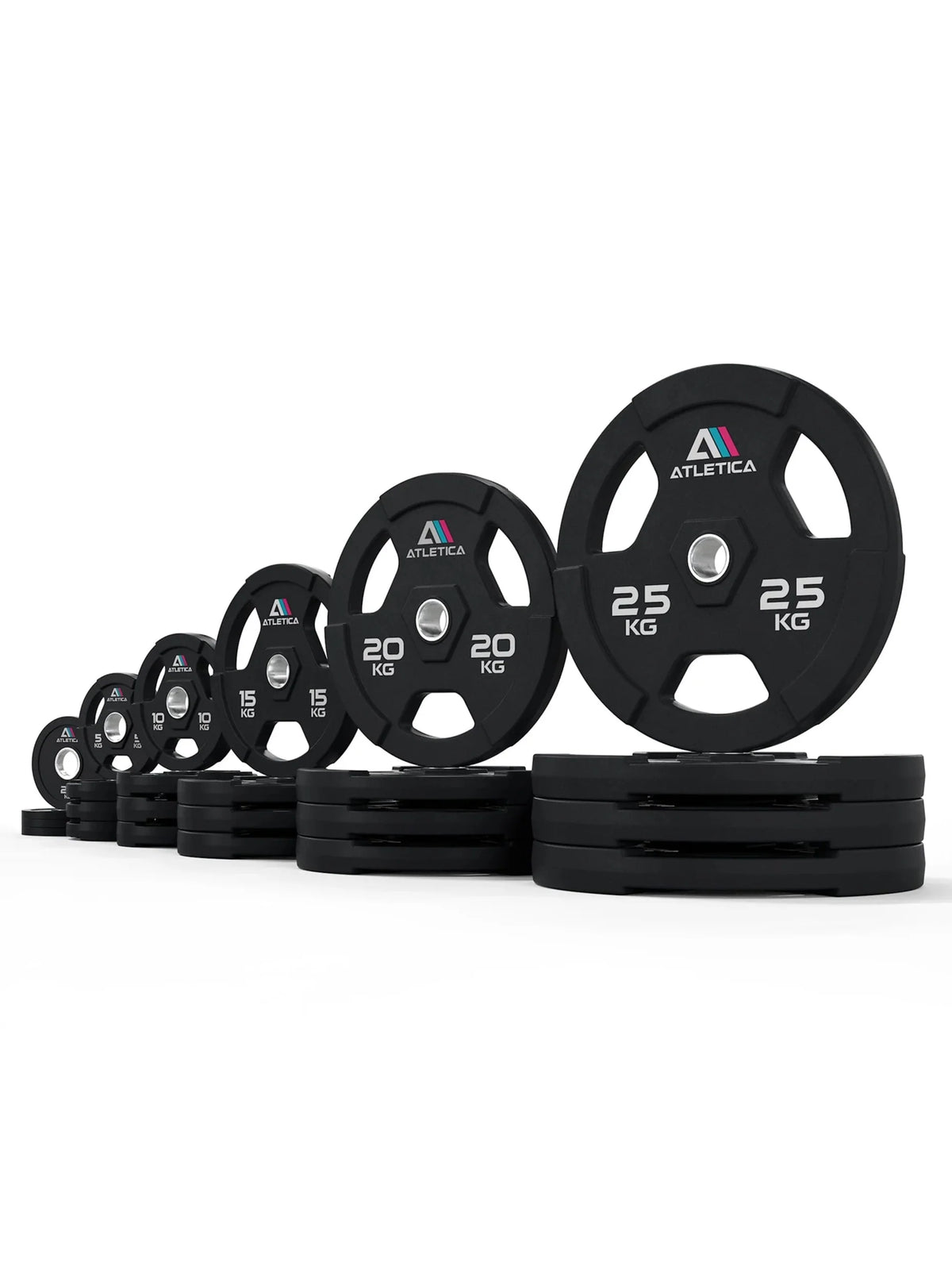 Atletica 3H grip plates set 683 lb, plates lined up by size with 55 lb stacks in front