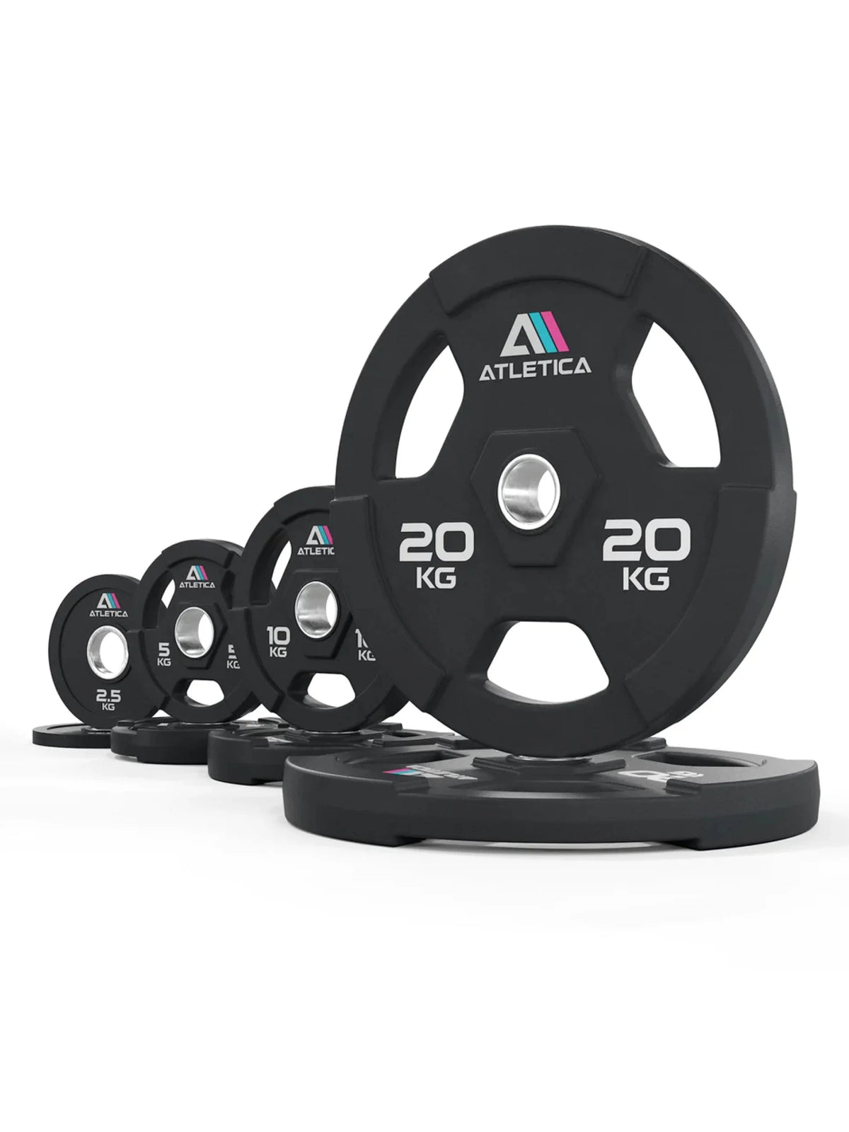 Atletica 3H grip plates set 165 lb, 44 lb plate standing on flat plates, smaller plates behind