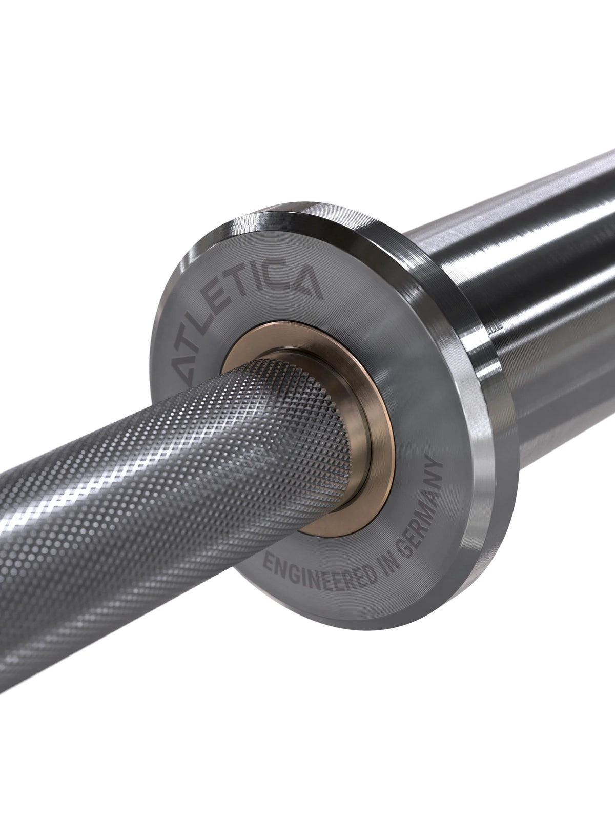 Atletica Beta powerlifting bar, chrome, detail of the collar and bronze bushing