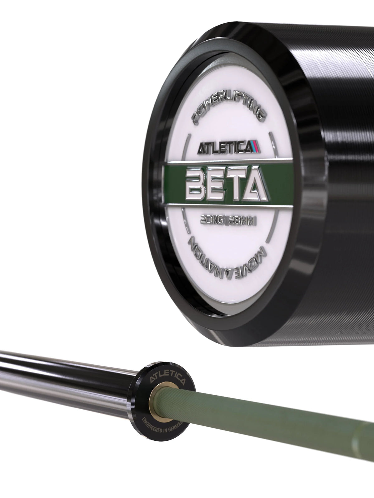 Atletica Beta powerlifting bar, military green, close-up of the Beta end cap