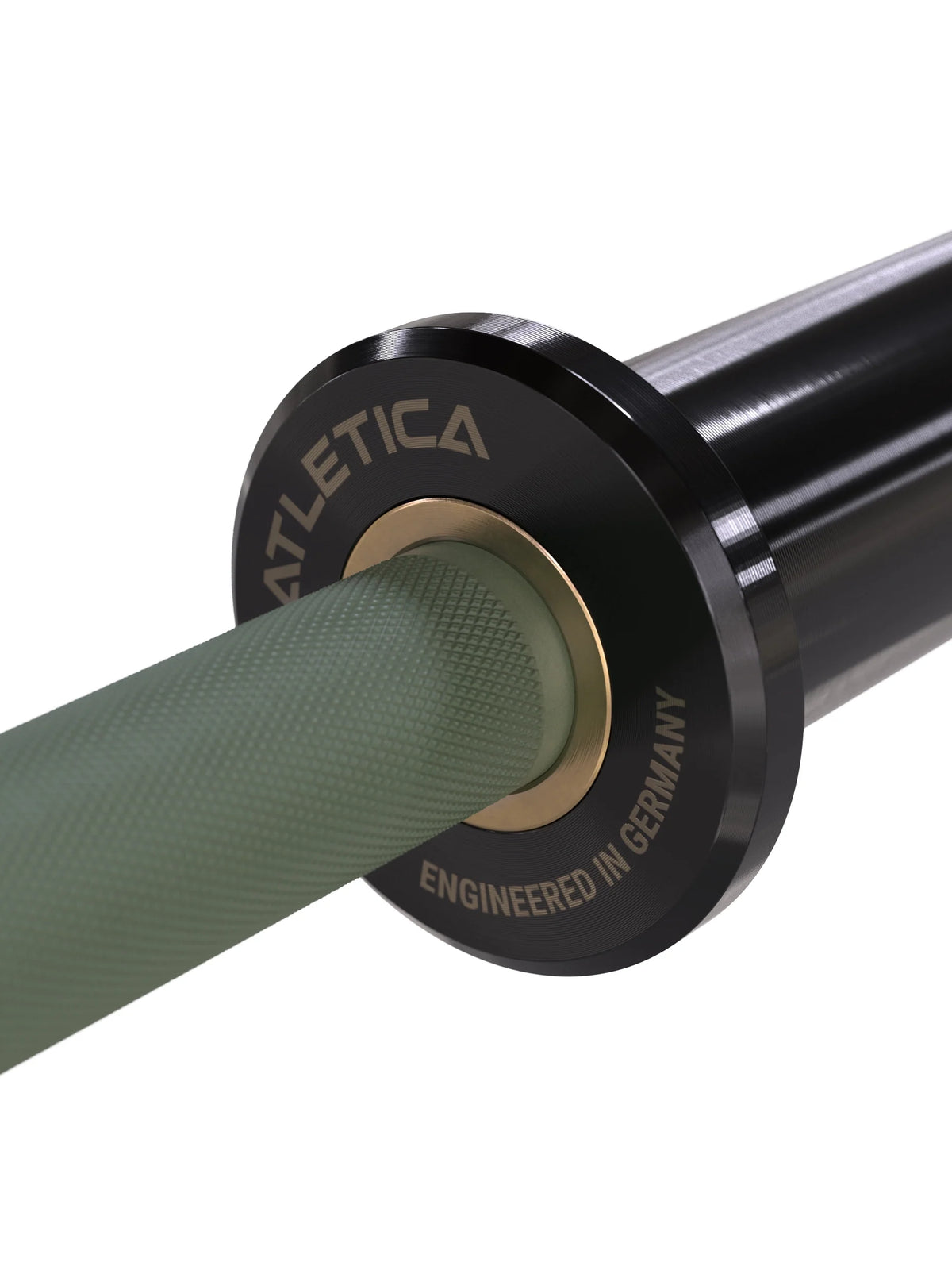 Atletica Beta powerlifting bar, military green, detail of the collar and bronze bushing