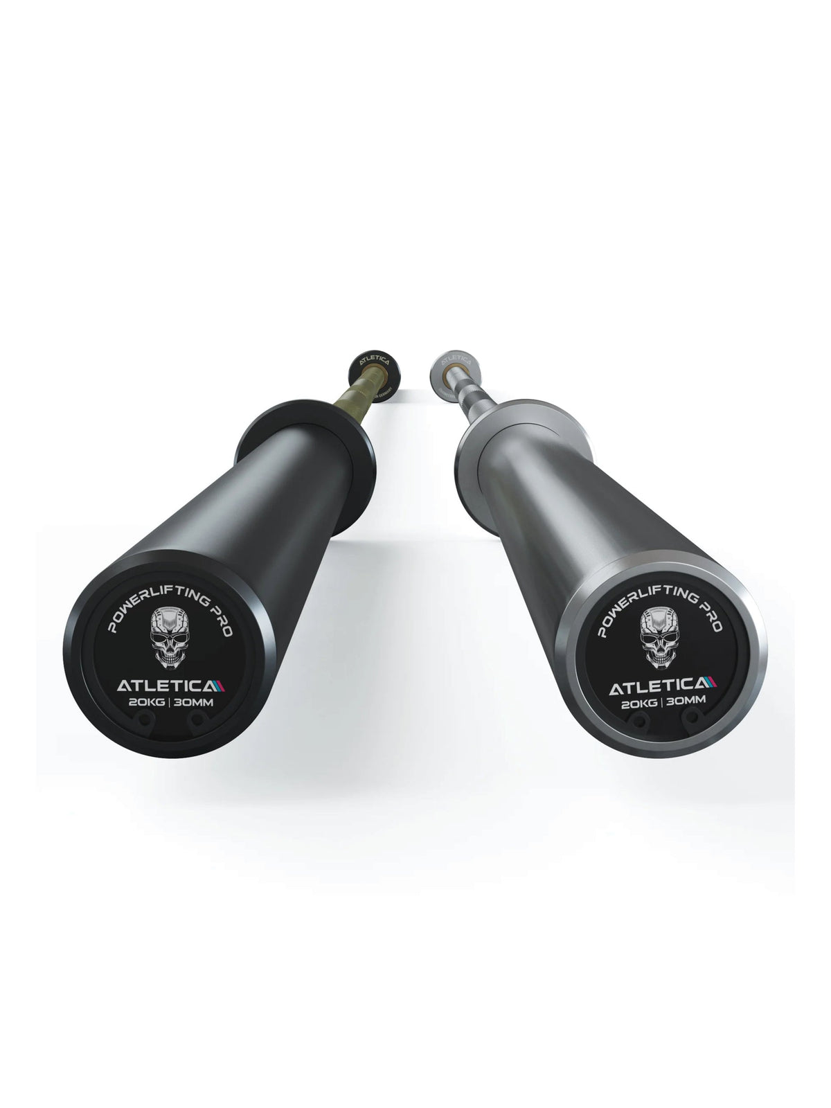 Atletica Beta powerlifting bar, end view of both black sleeves with end caps