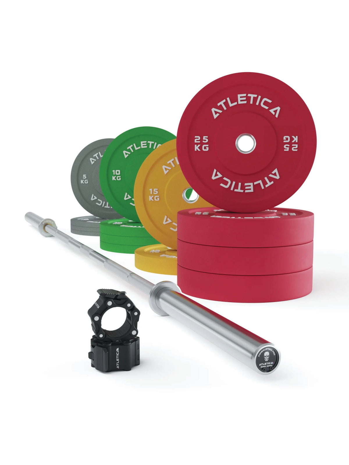 Atletica Beta powerlifting barbell set with chrome bar, color bumper plates and collars, 430 lb