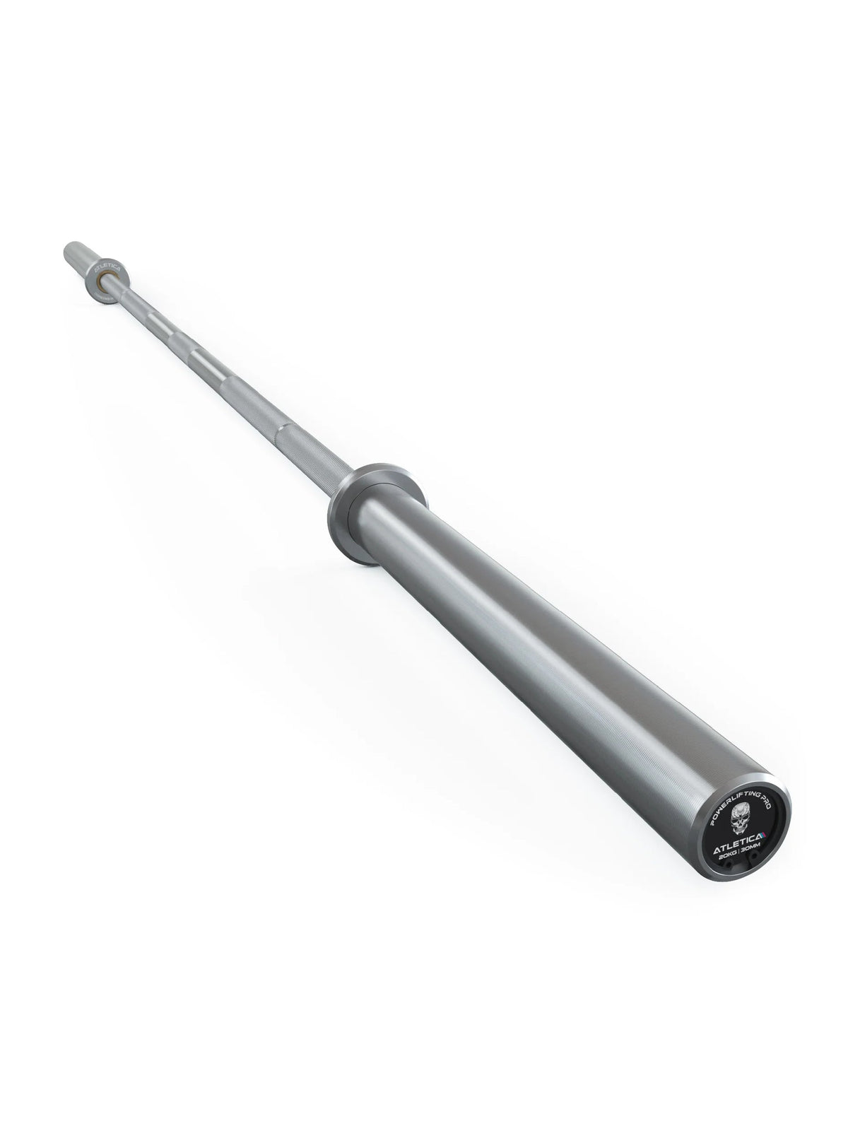 Beta Barbell Set – angled perspective of the Powerlifting Barbell with silver sleeve