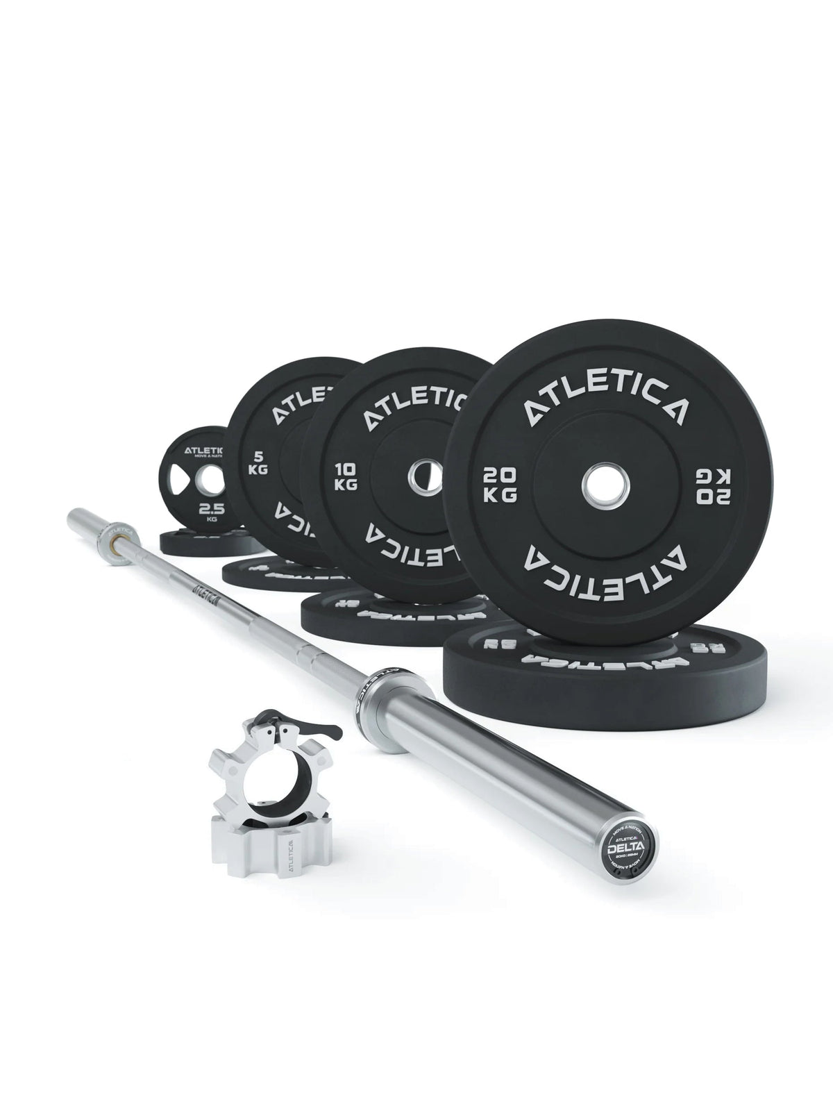Atletica Delta HighRep barbell set with chrome bar, black bumper plates and collars