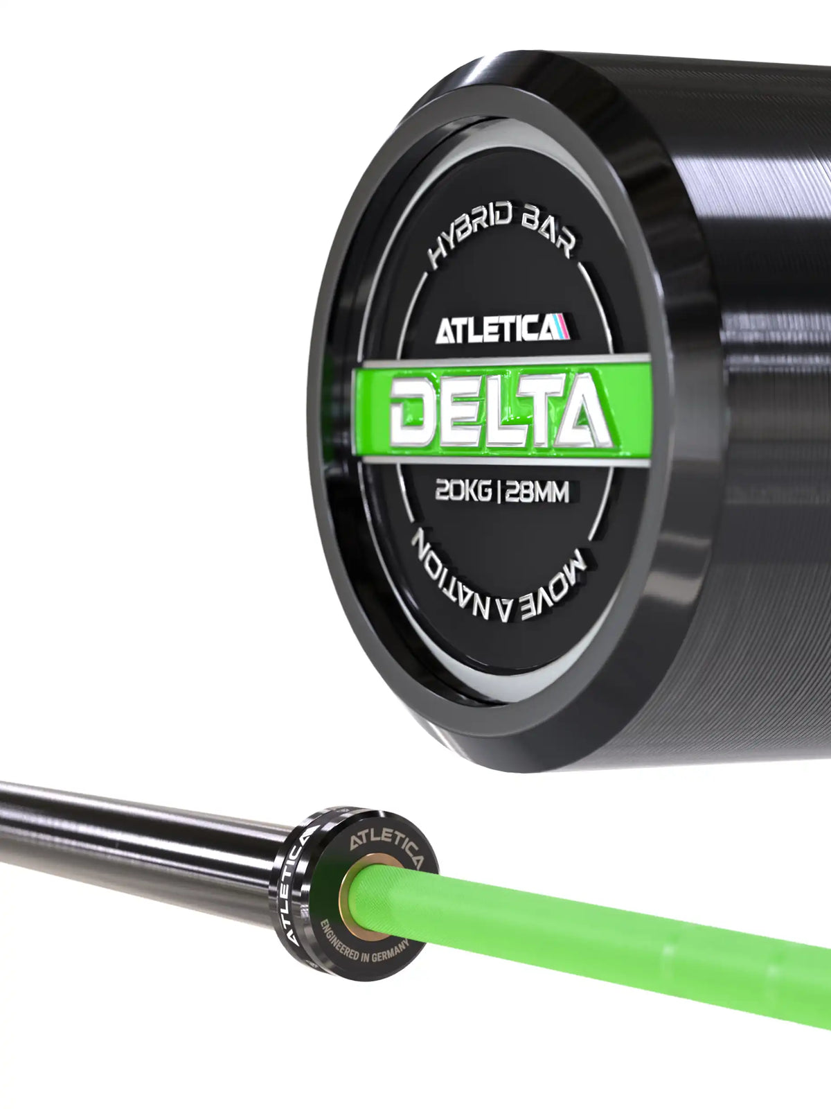 Barbell Delta Cerakote 20 kg in Electric Green with 28 mm Grip and IWF Marking