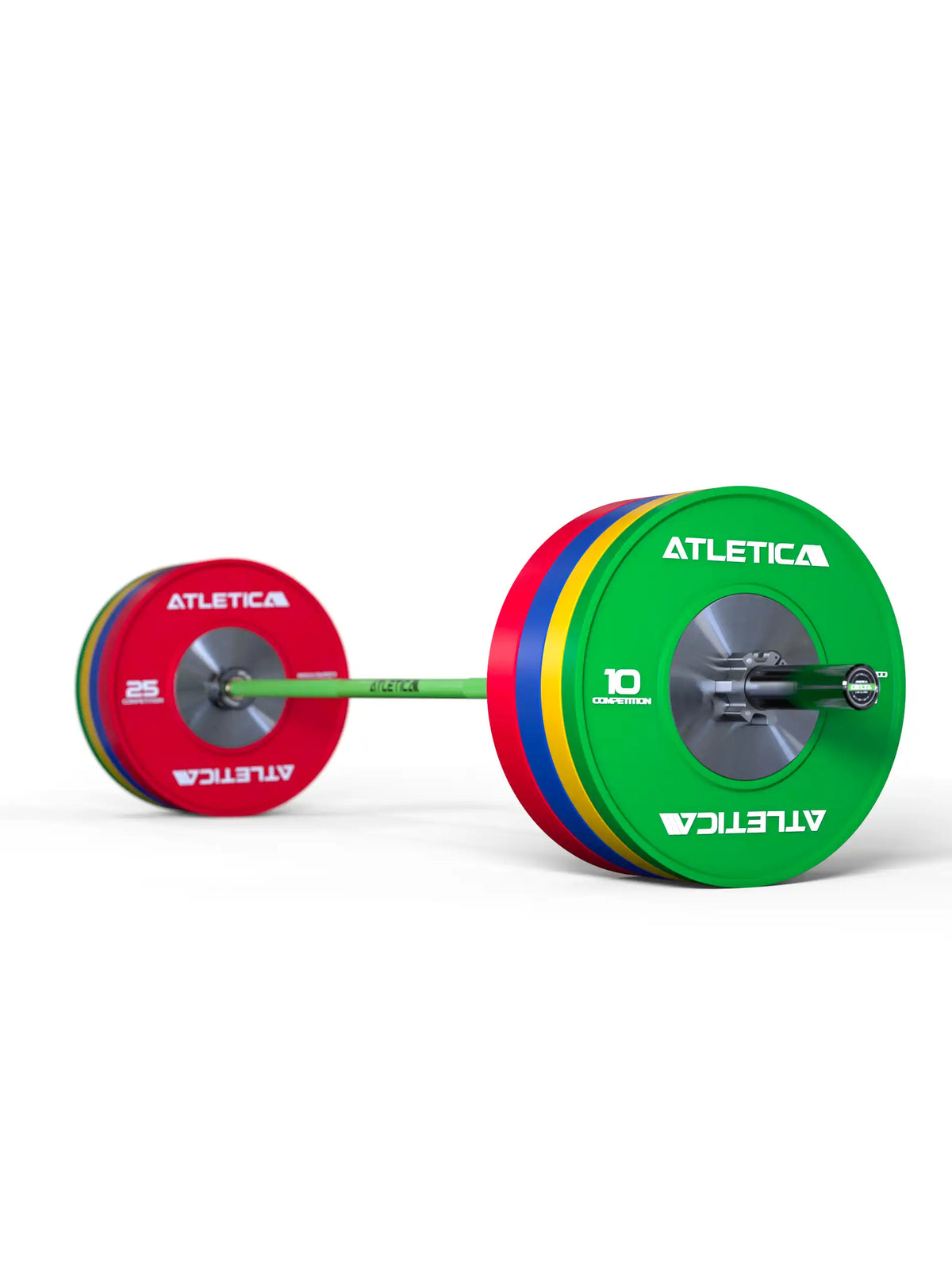 Delta Hybrid Barbell in Electric Green loaded with colored Competition Bumper Plates