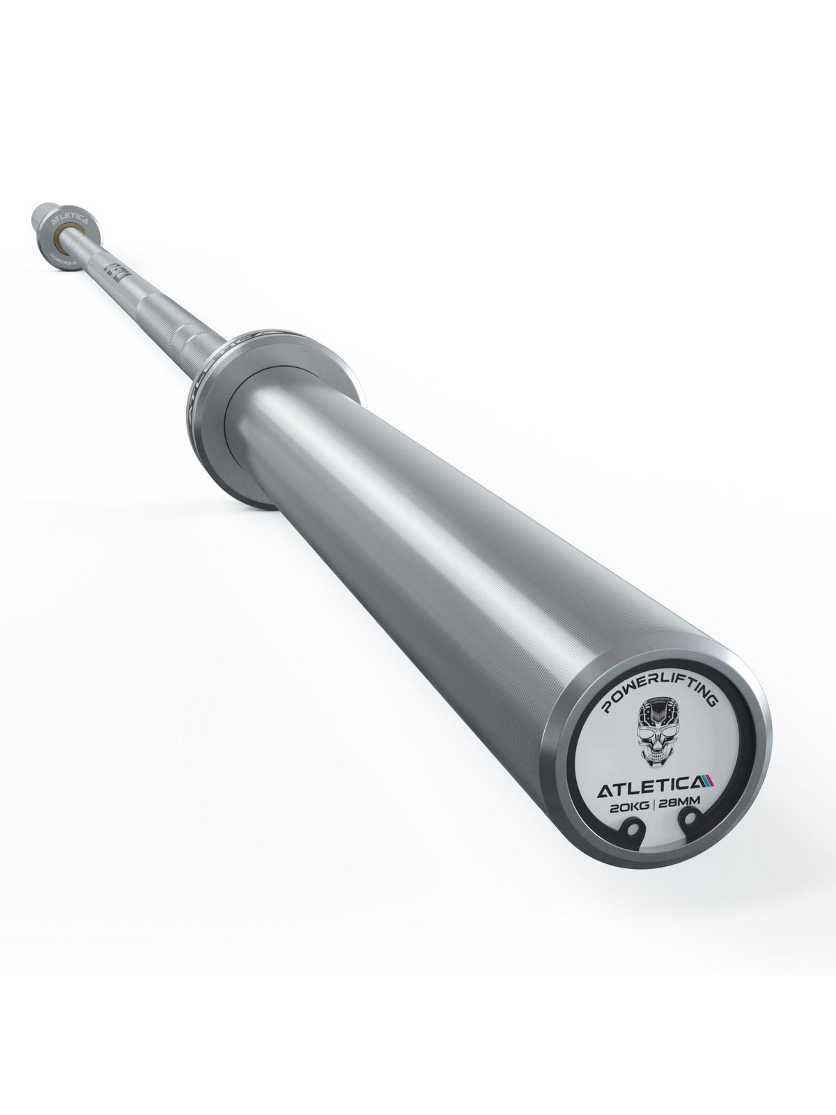 Atletica Gamma powerlifting bar, silver version, angled view of the sleeve and end cap