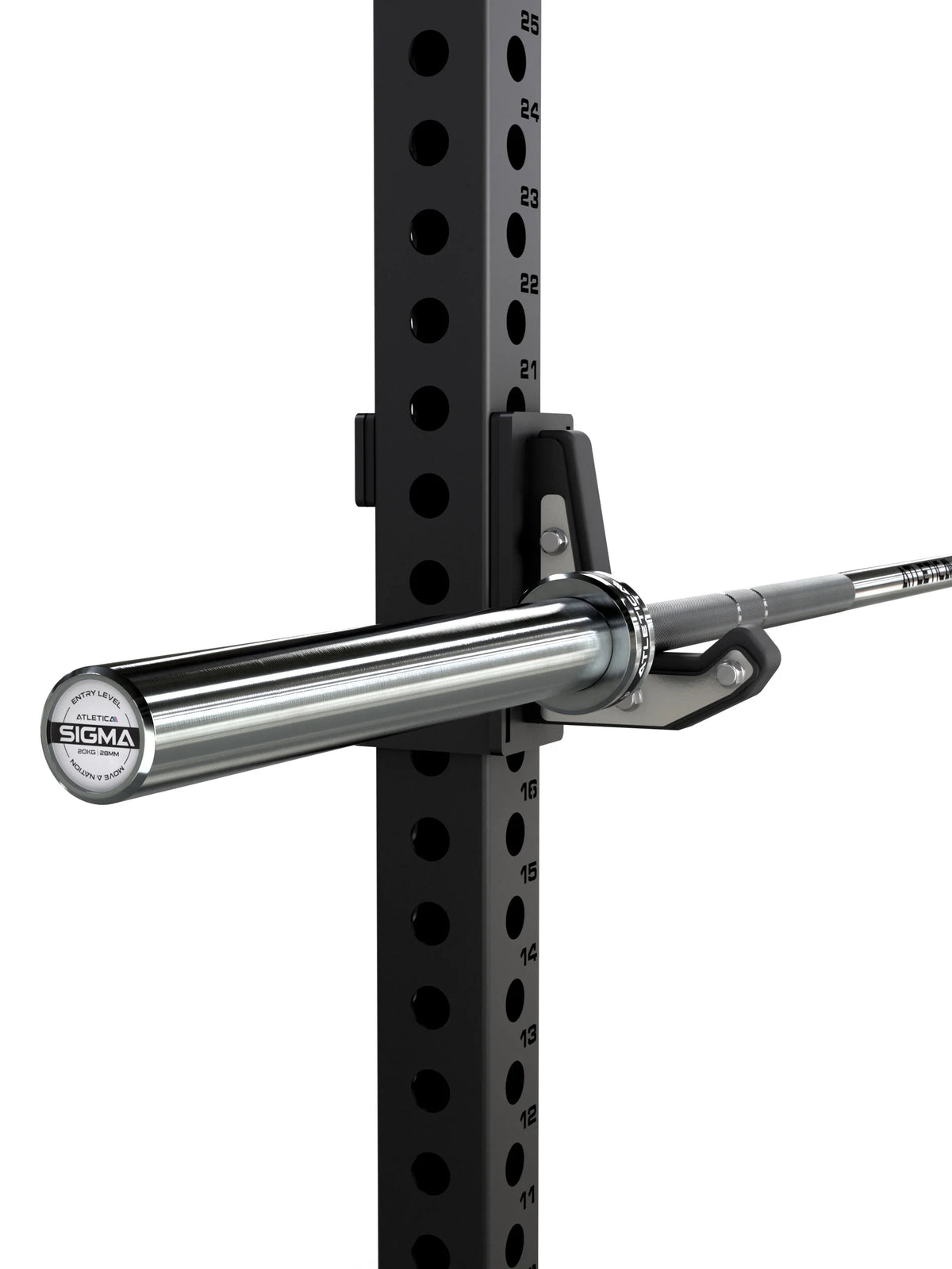 Sigma Barbell in chrome mounted in the rack on J-Cups