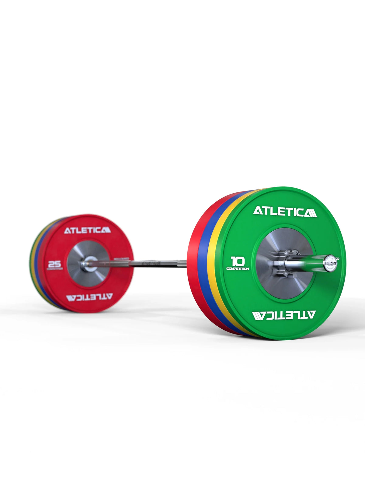 Sigma Barbell in Chrome loaded with colored Competition Bumper Plates