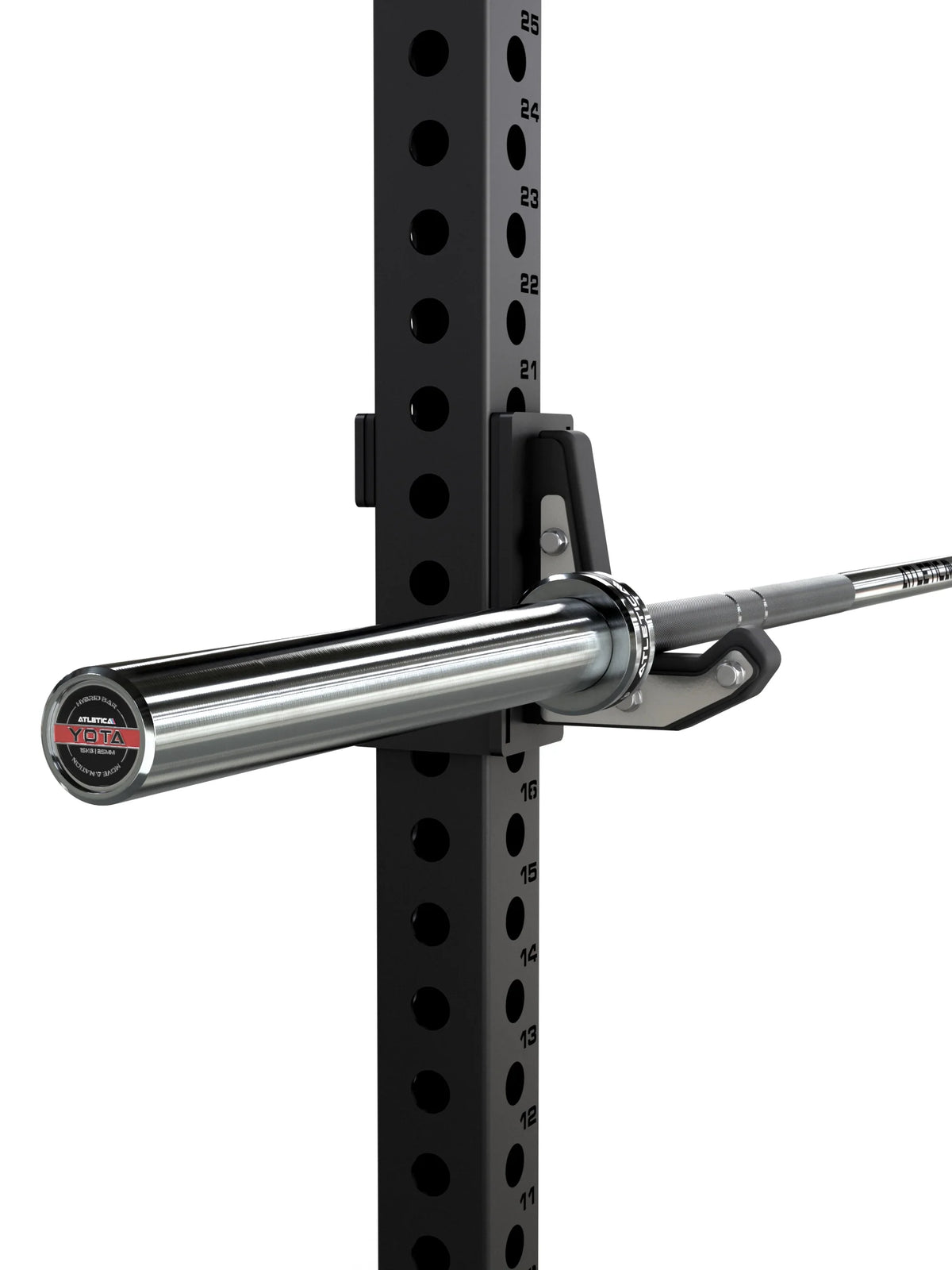Yota Barbell mounted in the rack on J-Cups